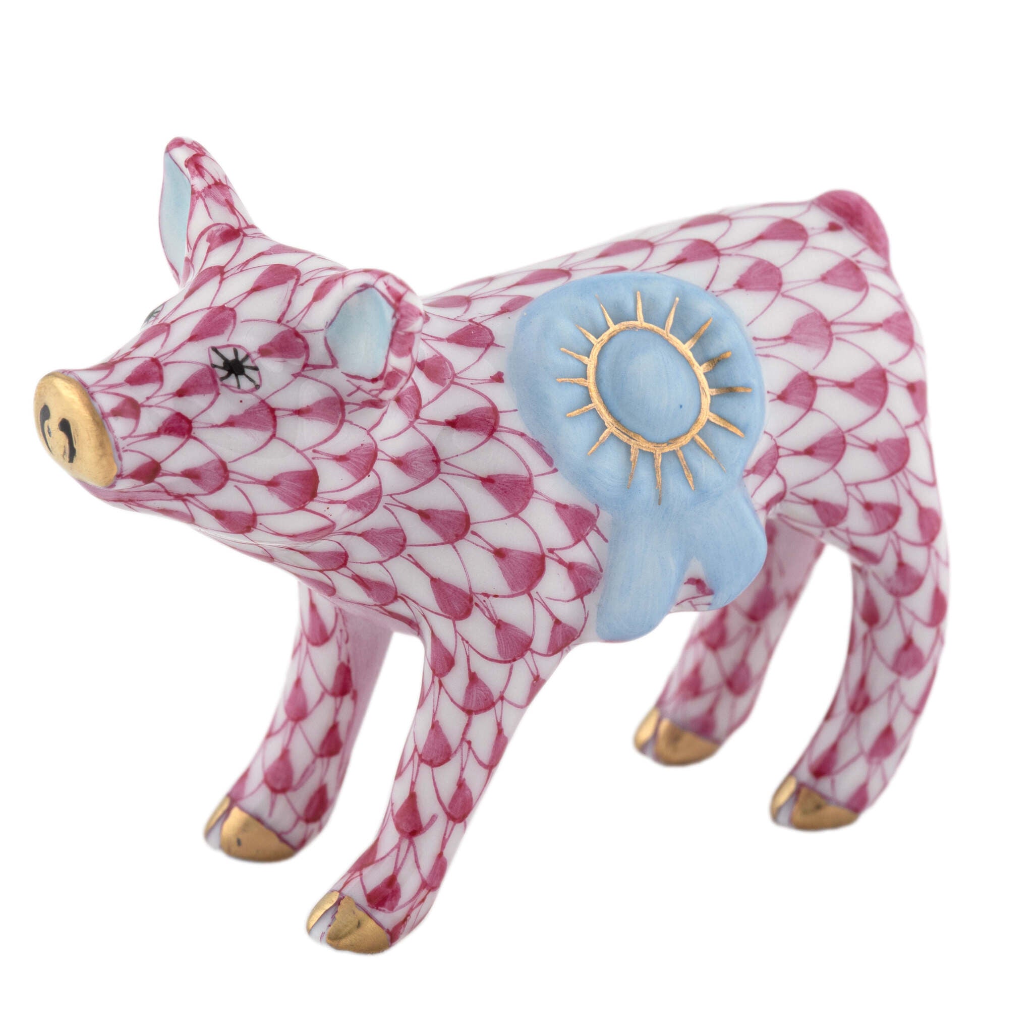 Raspberry fishnet Blue Ribbon Pig Figurine figurine, hand-painted Herend porcelain with 24k gold accents