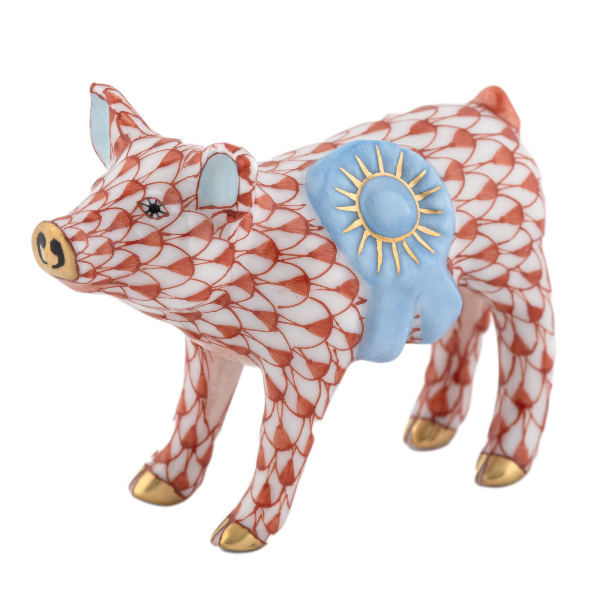 Herend Blue Ribbon Pig figurine in Rust with red-orange fishnet pattern with gold accents on a white background