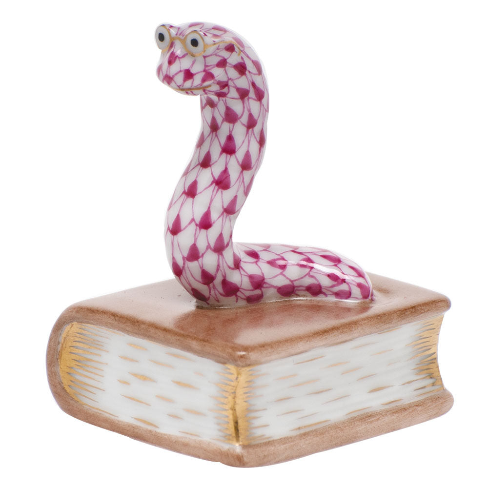 Herend Bookworm Figurine porcelain figurine painted in the Raspberry fishnet pattern