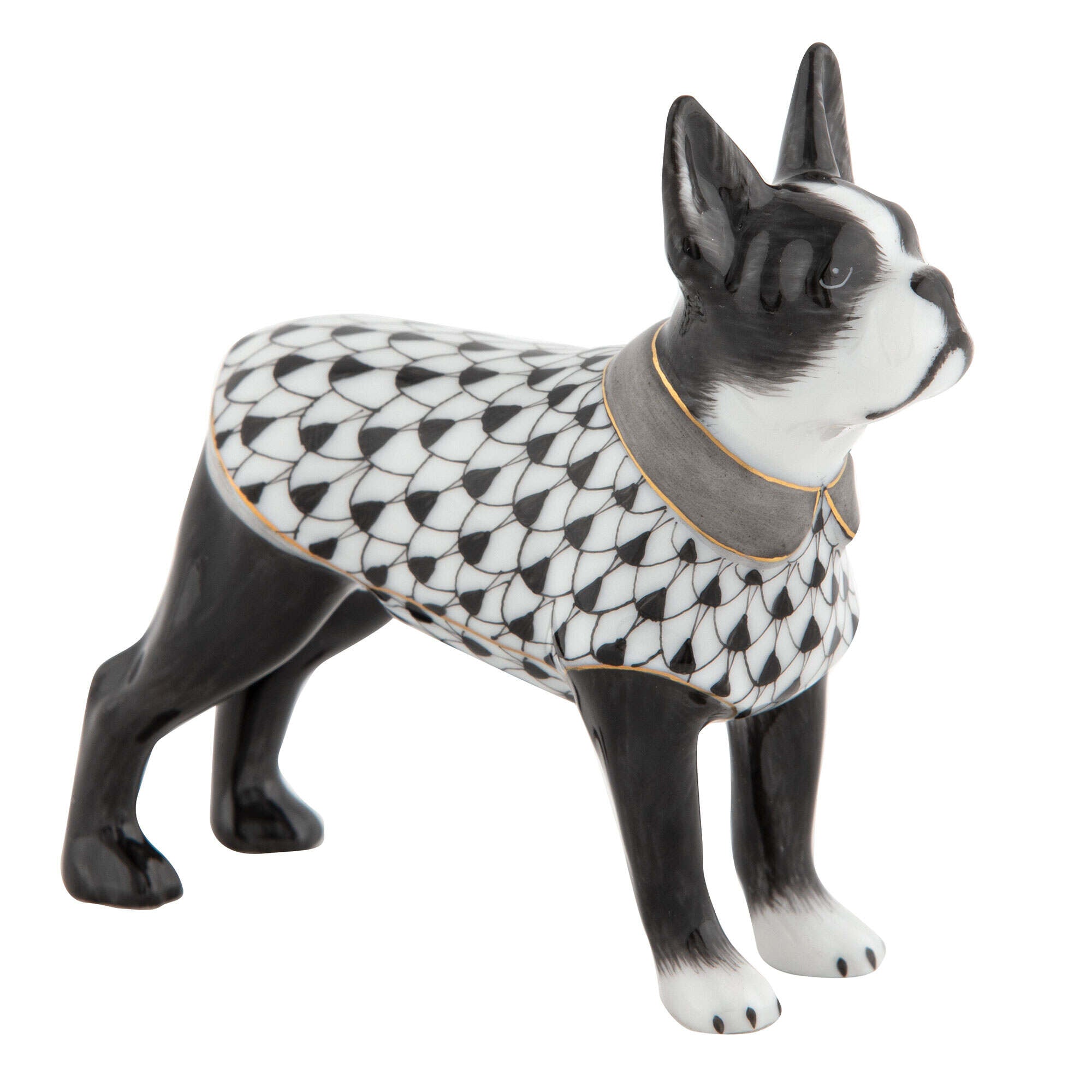 Hand-painted Herend Boston Bull Terrier Figurine in Black fishnet porcelain on a white background