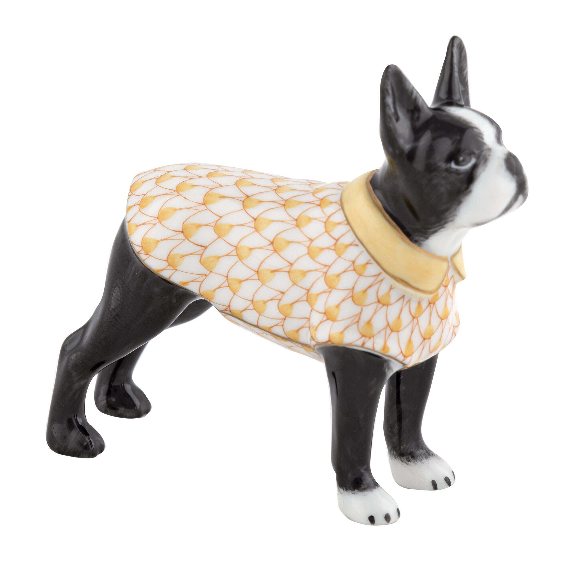 Hand-painted Herend Boston Bull Terrier Figurine in Butterscotch fishnet porcelain on a white background