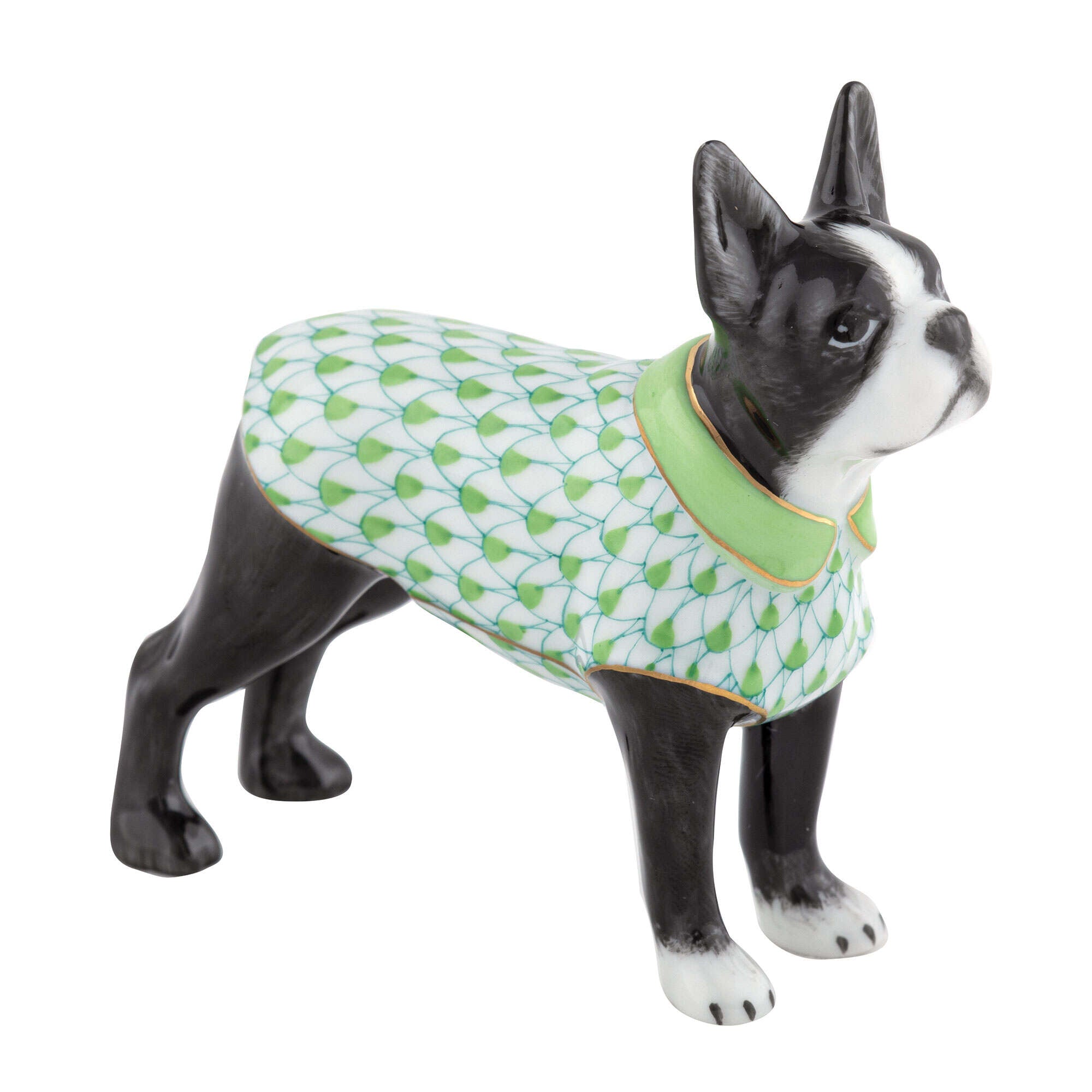 Key Lime fishnet Boston Bull Terrier Figurine figurine, hand-painted Herend porcelain with 24k gold accents