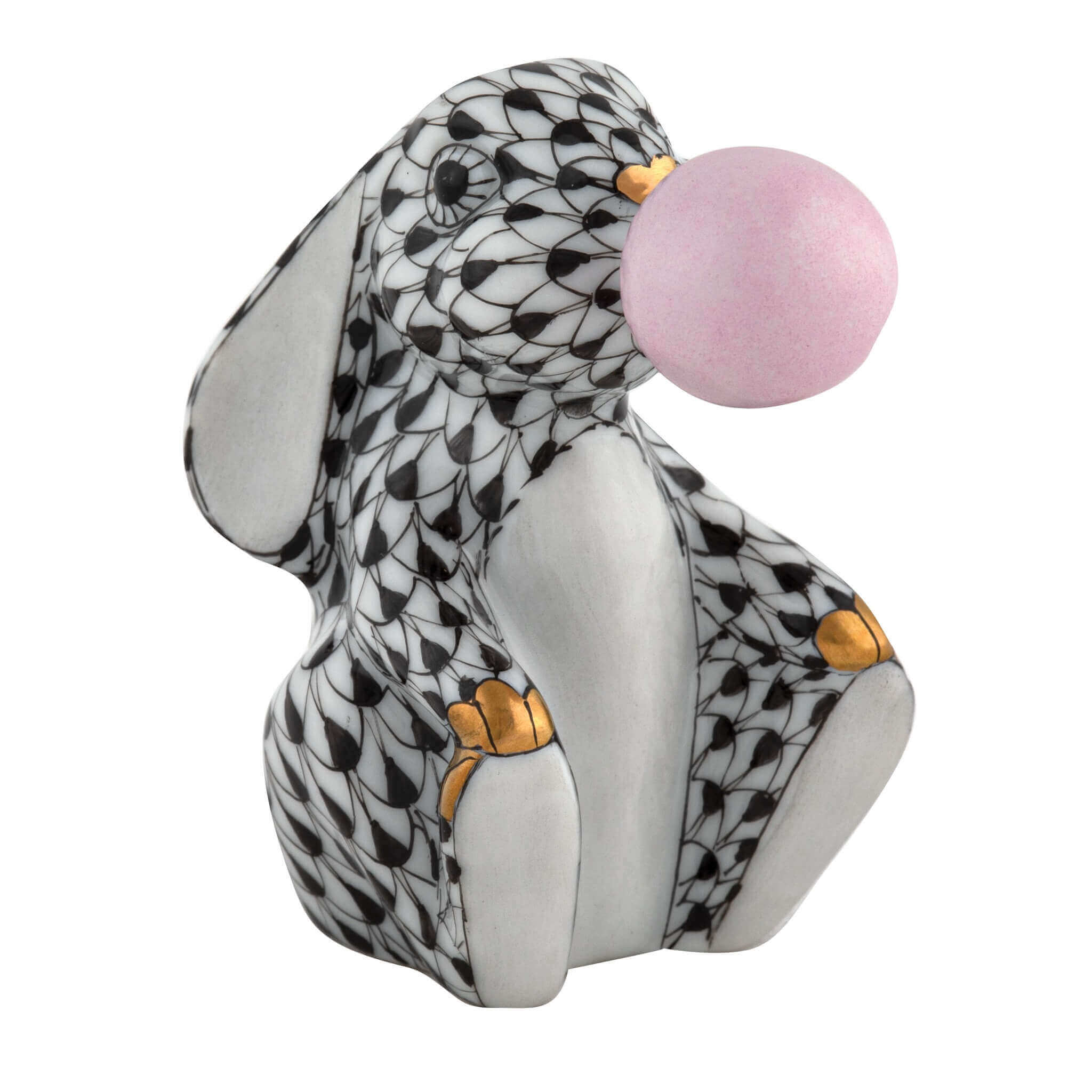 Herend Bubble Gum Bunny figurine in Black with black fishnet pattern with gold accents on a white background