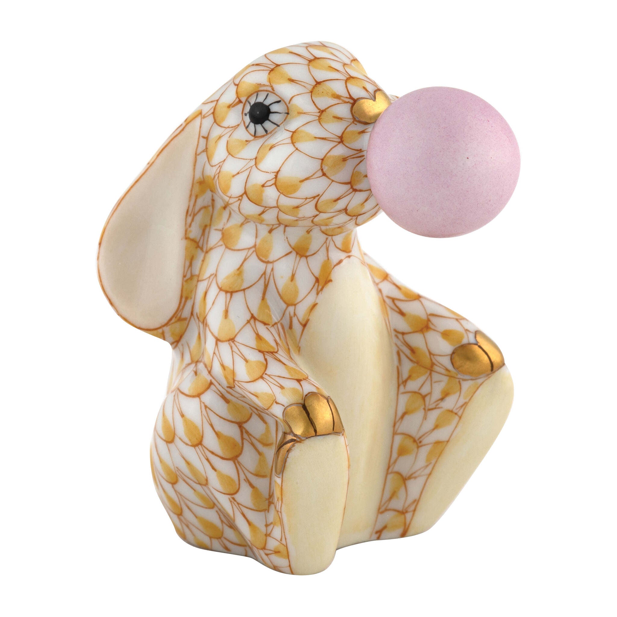 Herend Bubble Gum Bunny Figurine porcelain figurine painted in the Butterscotch fishnet pattern