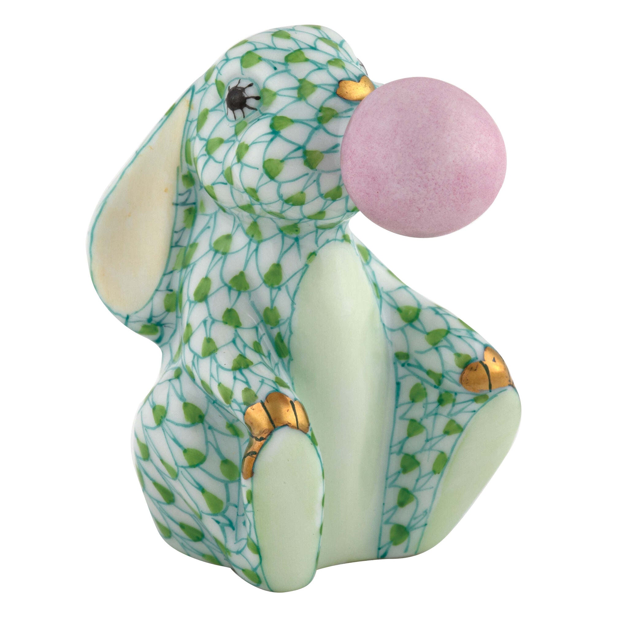 Hand-painted Herend Bubble Gum Bunny Figurine in Key Lime fishnet porcelain on a white background