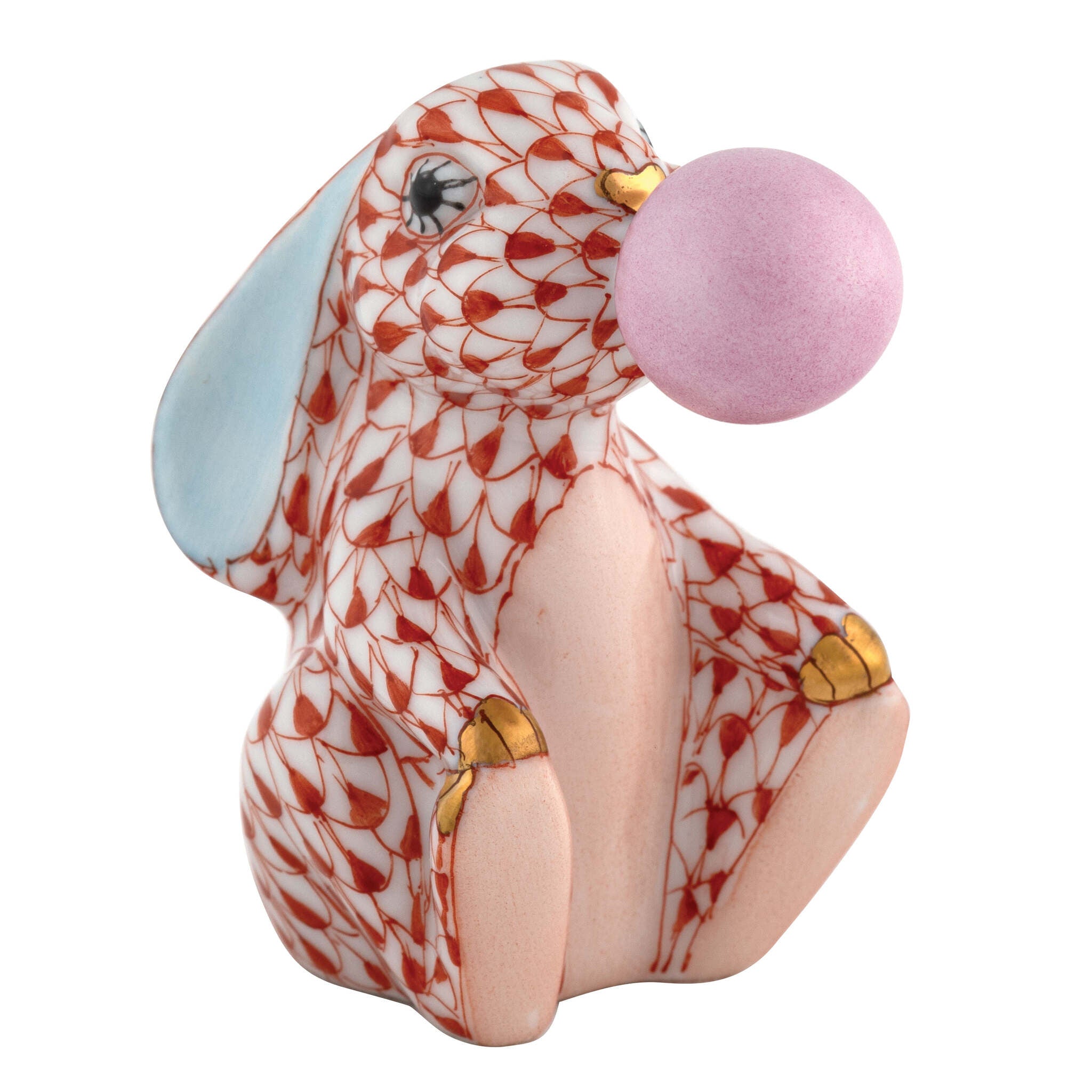 Herend Bubble Gum Bunny Figurine porcelain figurine painted in the Rust fishnet pattern