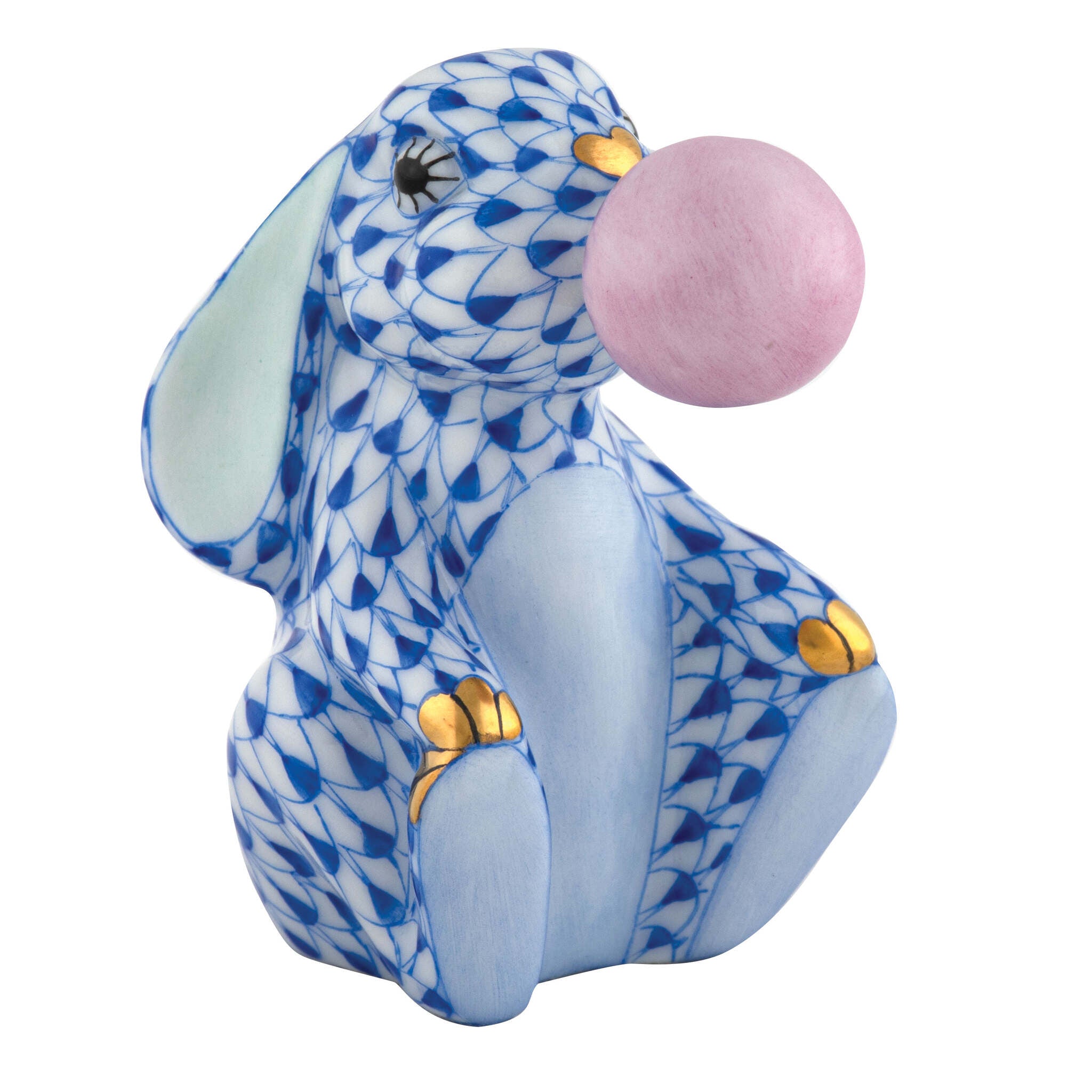 Herend Bubble Gum Bunny Figurine porcelain figurine painted in the Sapphire fishnet pattern