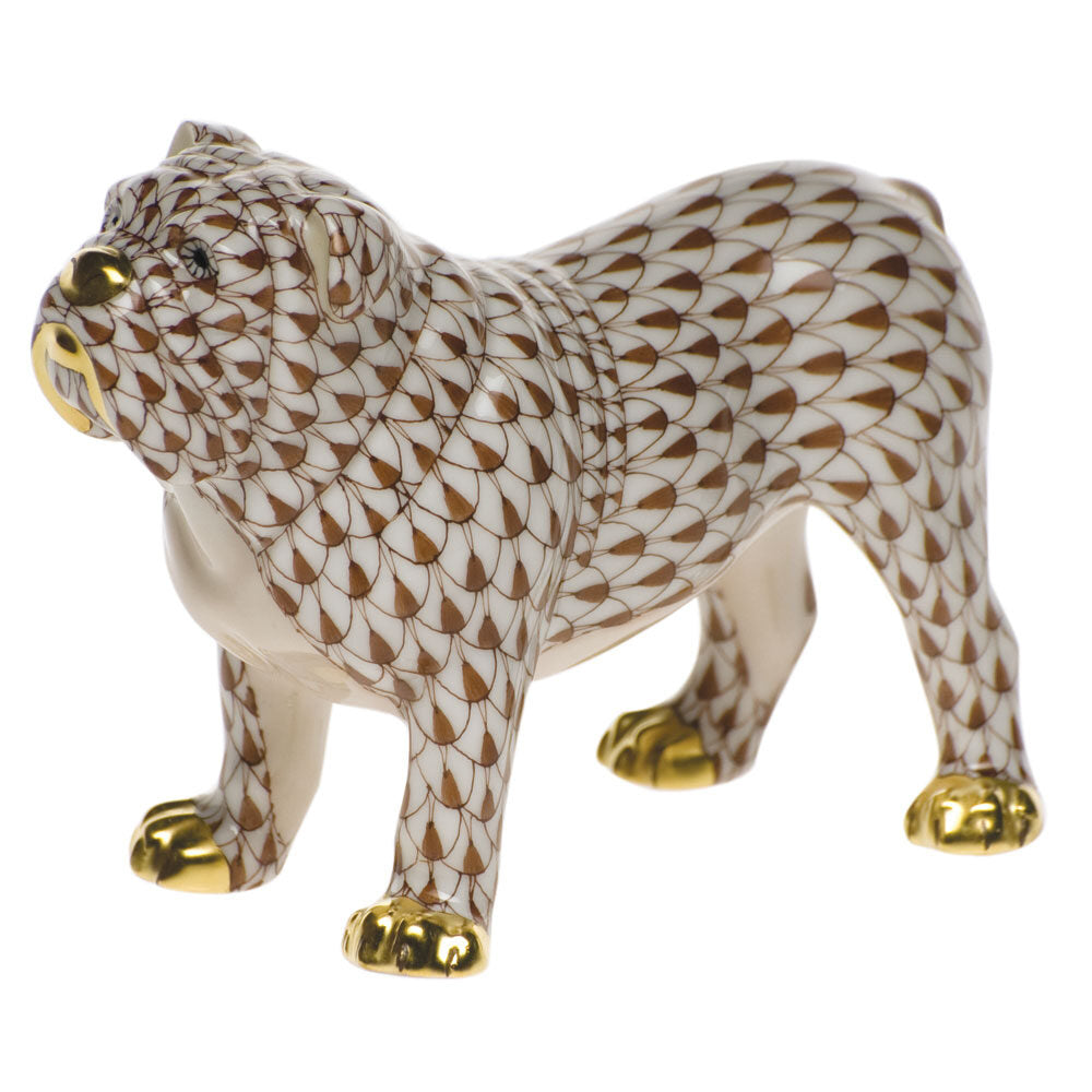 Hand-painted Herend Bulldog Figurine in Chocolate fishnet porcelain on a white background