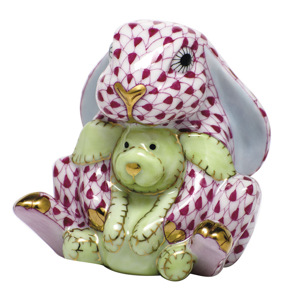 Bunny and Lovey Figurine in hand-painted Raspberry porcelain by Herend of Hungary