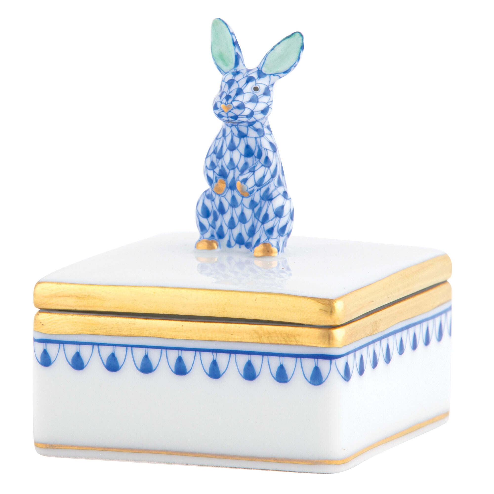 Sapphire fishnet Bunny Box figurine, hand-painted Herend porcelain with 24k gold accents