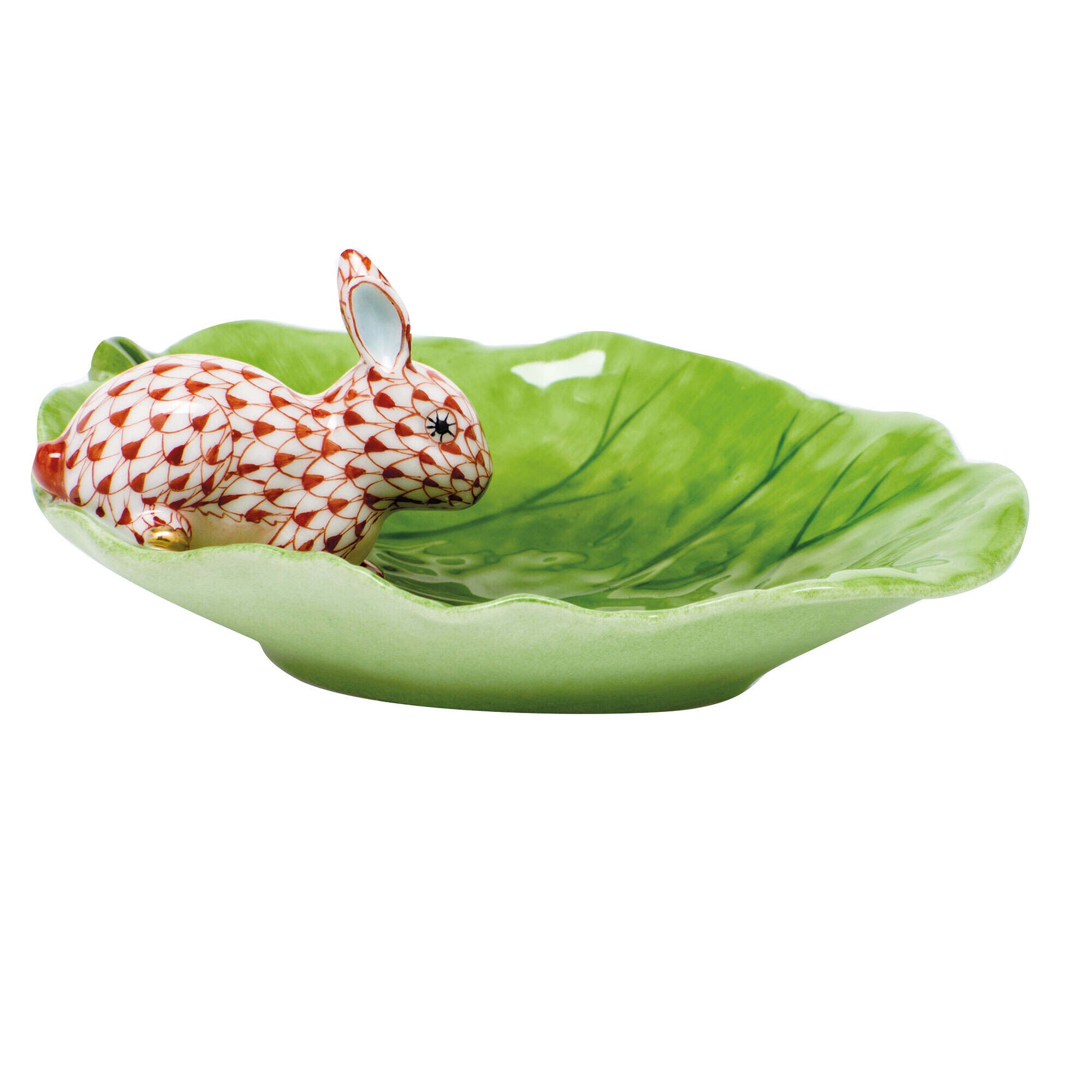 Hand-painted Herend Bunny on Cabbage Leaf Figurine in Rust fishnet porcelain on a white background