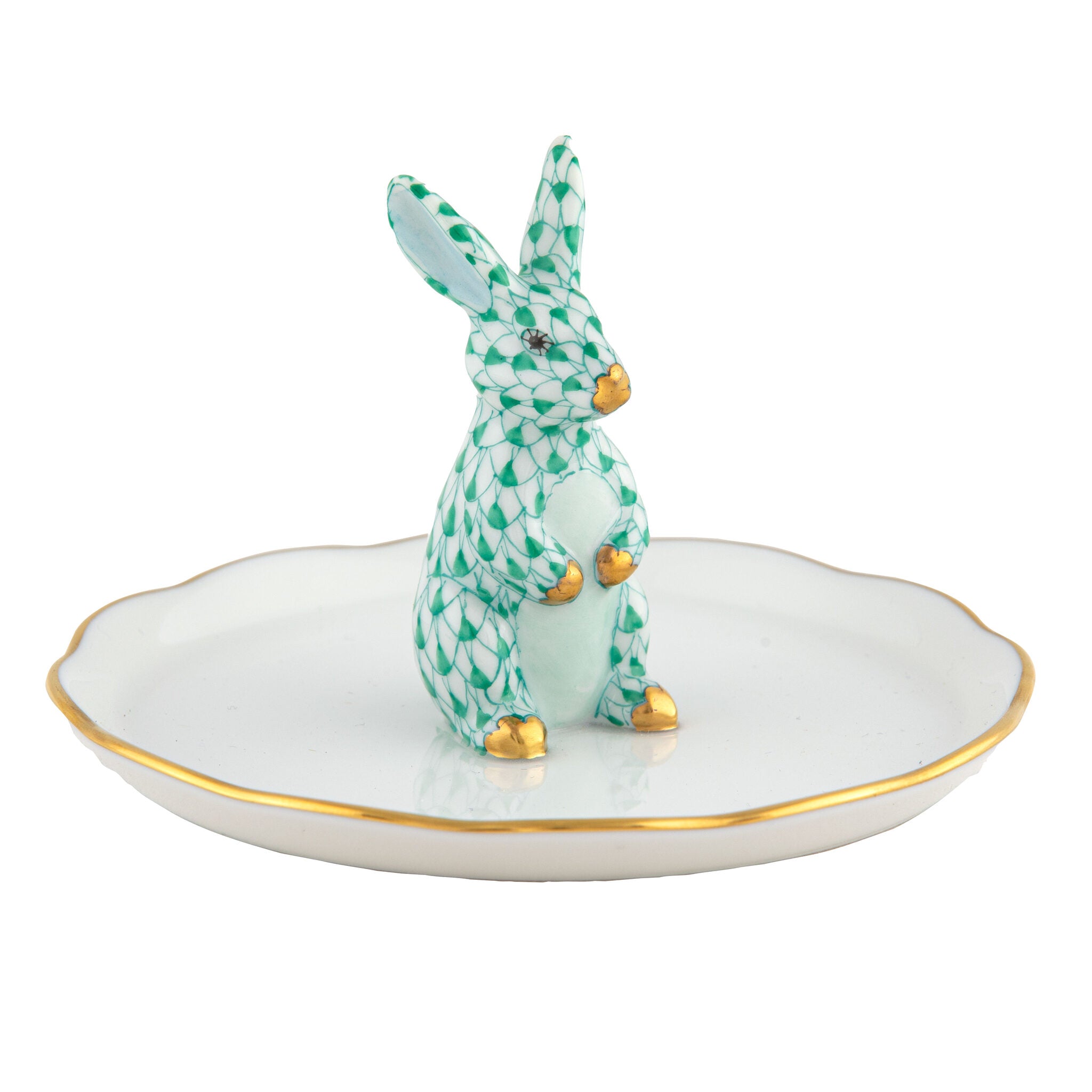 Herend Bunny Ring Holder Garnishment porcelain figurine painted in the Green fishnet pattern