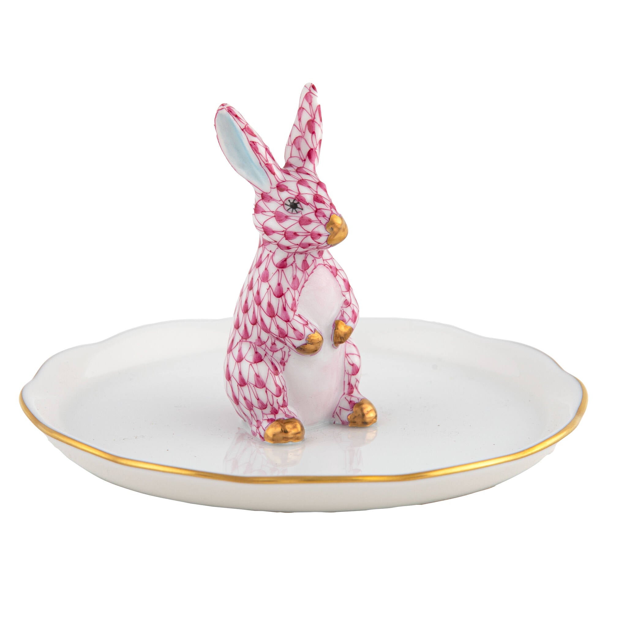 Hand-painted Herend Bunny Ring Holder Garnishment in Raspberry fishnet porcelain on a white background