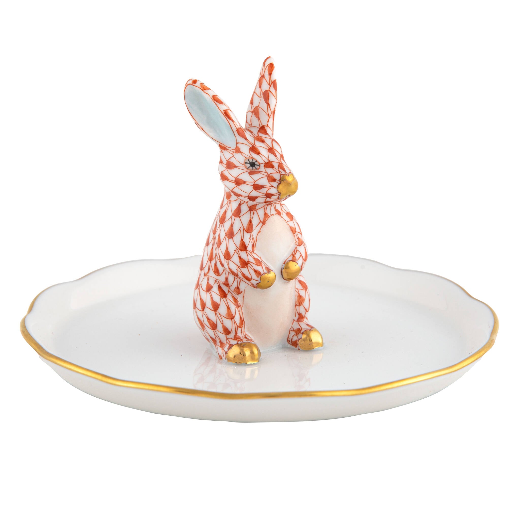 Rust fishnet Bunny Ring Holder Garnishment figurine, hand-painted Herend porcelain with 24k gold accents