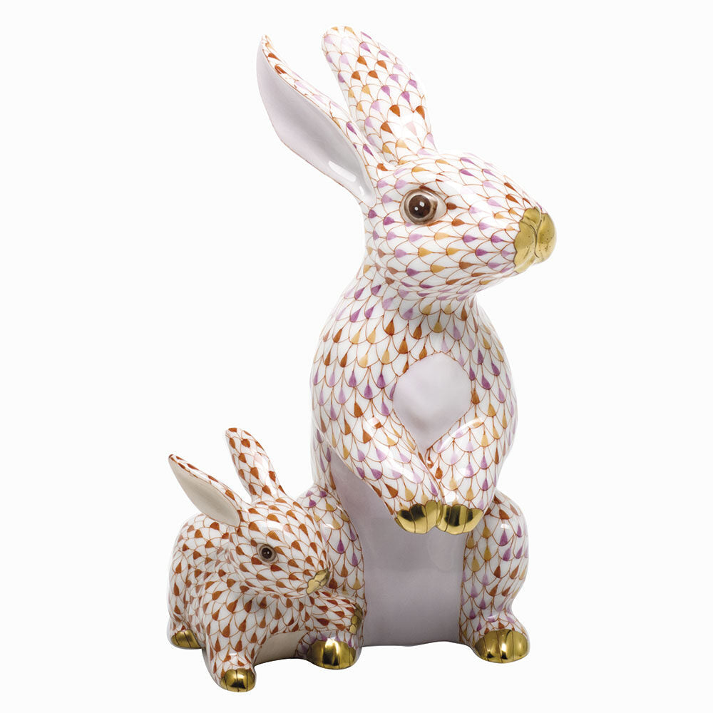 Hand-painted Herend Bunny with Babe Figurine in fine porcelain, 4.25in L X 6.75in H, on a white background