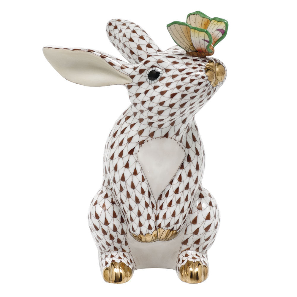 Chocolate fishnet Bunny with Butterfly Figurine figurine, hand-painted Herend porcelain with 24k gold accents