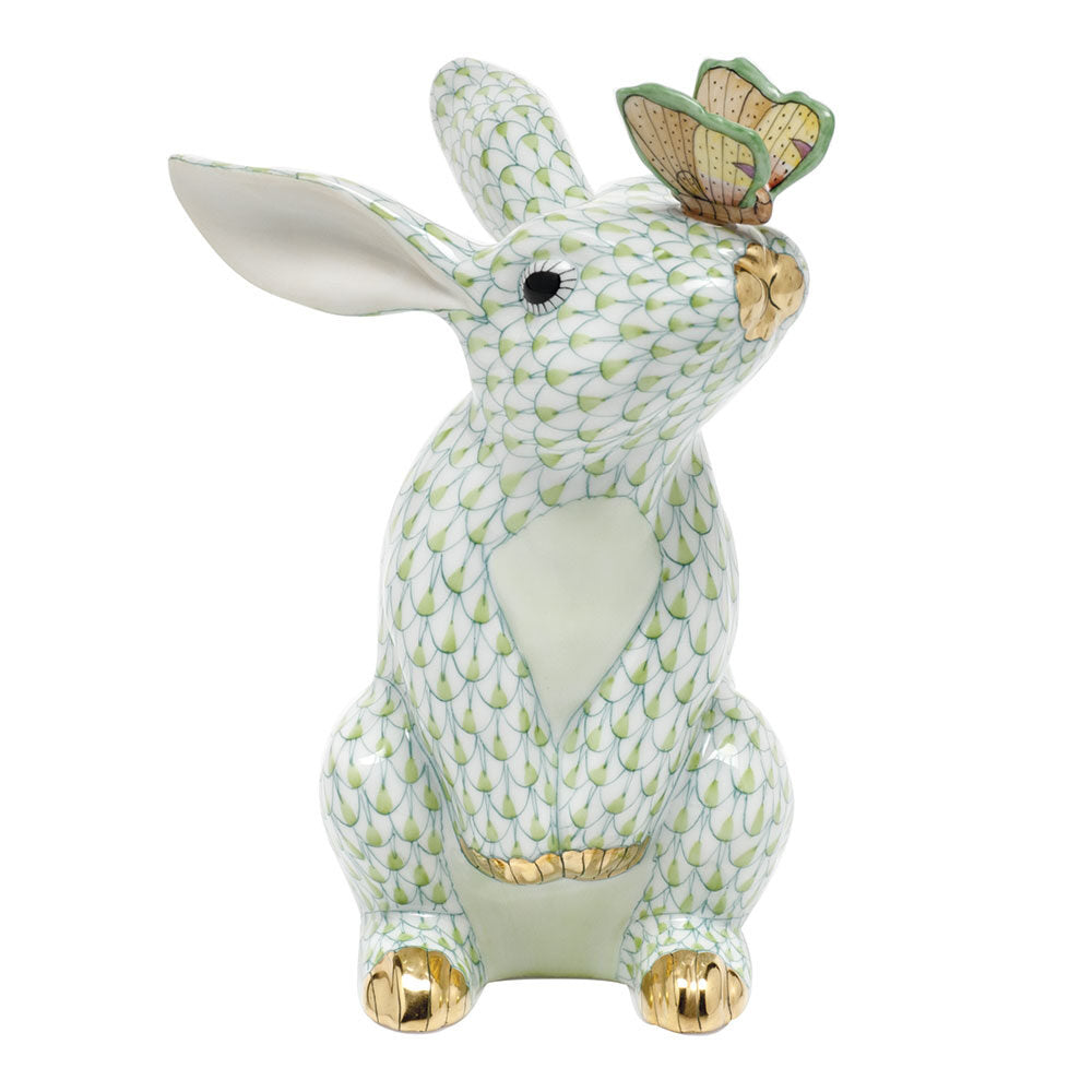 Hand-painted Herend Bunny with Butterfly Figurine in Key Lime fishnet porcelain on a white background