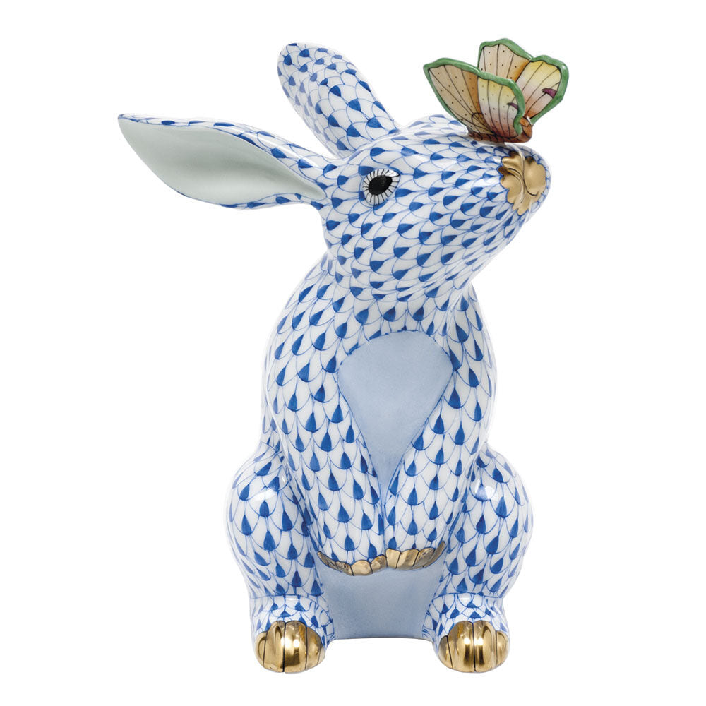 Sapphire fishnet Bunny with Butterfly Figurine figurine, hand-painted Herend porcelain with 24k gold accents