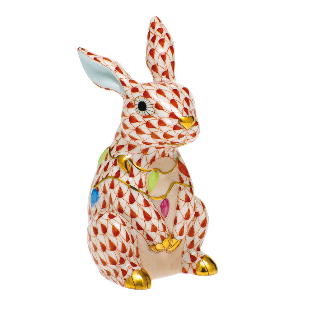 Herend Bunny with Christmas Lights Figurine porcelain figurine painted in the Rust fishnet pattern
