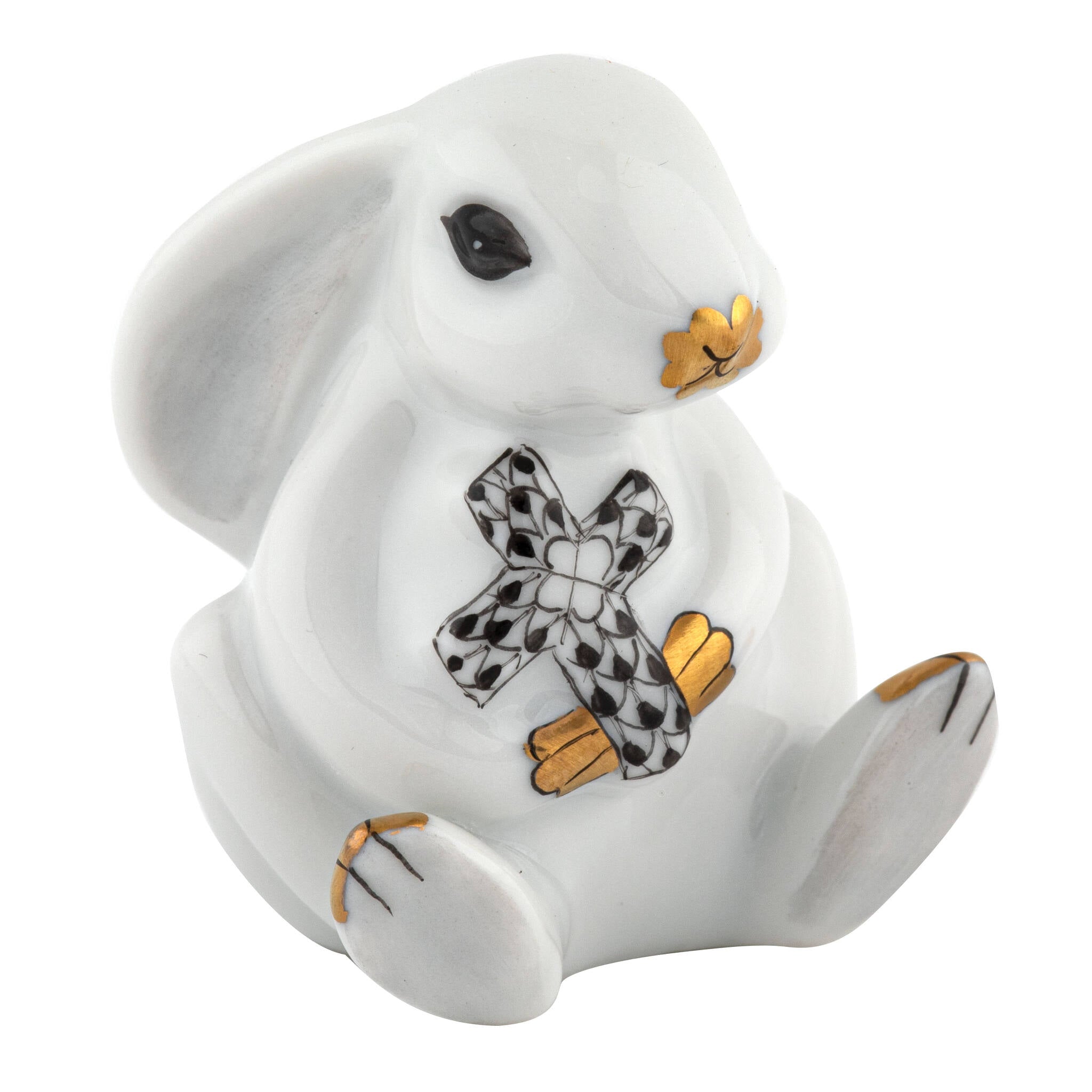 Herend Bunny with Cross Figurine porcelain figurine painted in the Black fishnet pattern