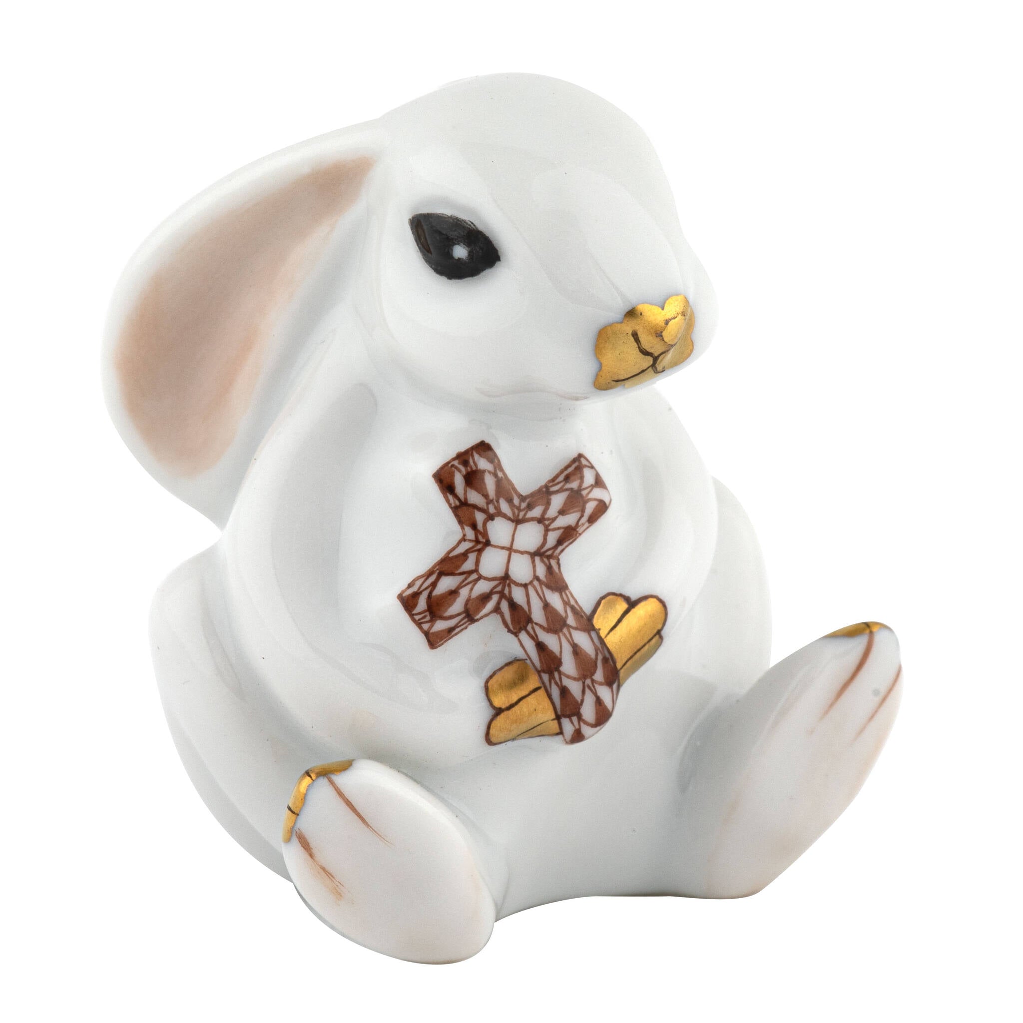 Hand-painted Herend Bunny with Cross Figurine in Chocolate fishnet porcelain on a white background