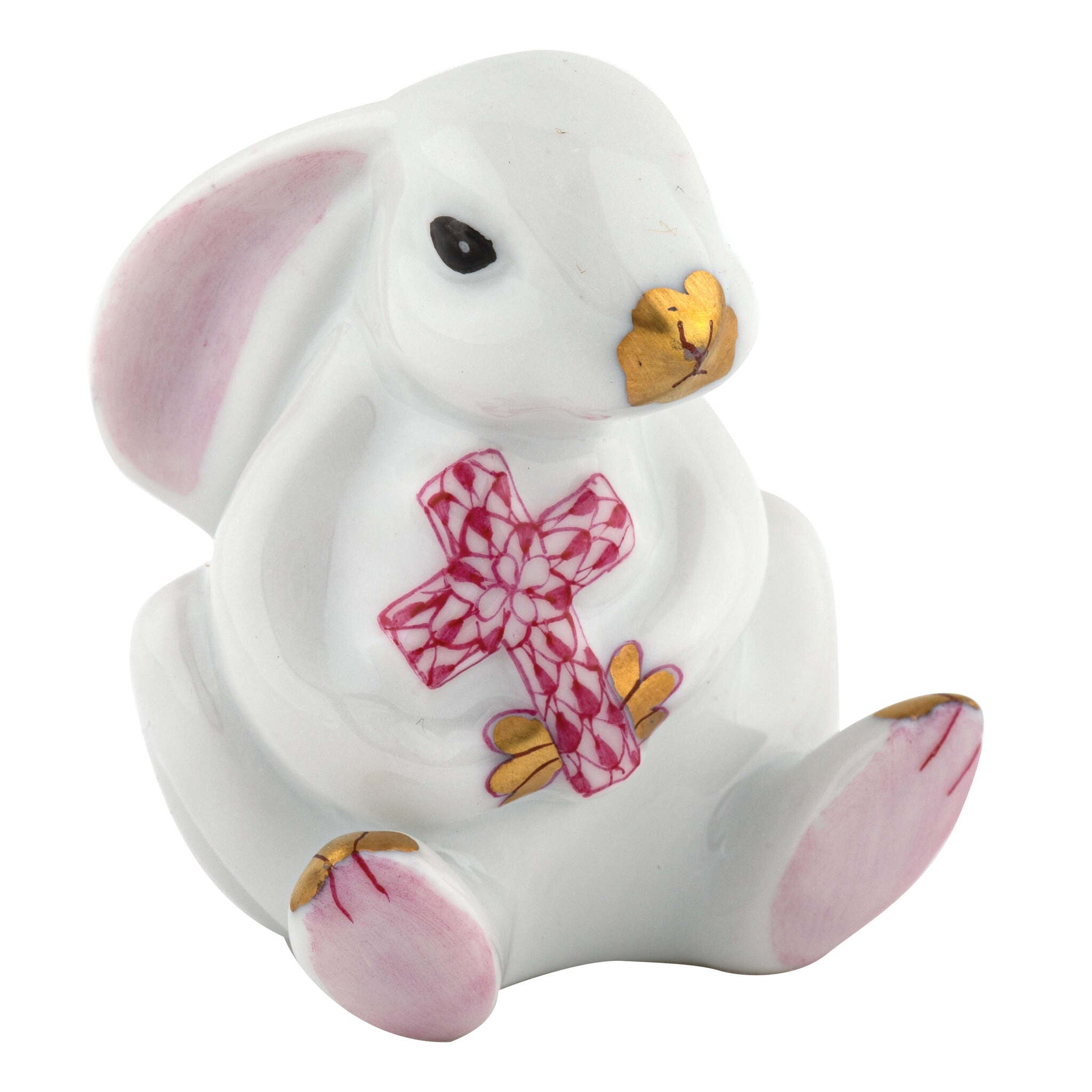 Bunny with Cross Figurine in hand-painted Raspberry porcelain by Herend of Hungary