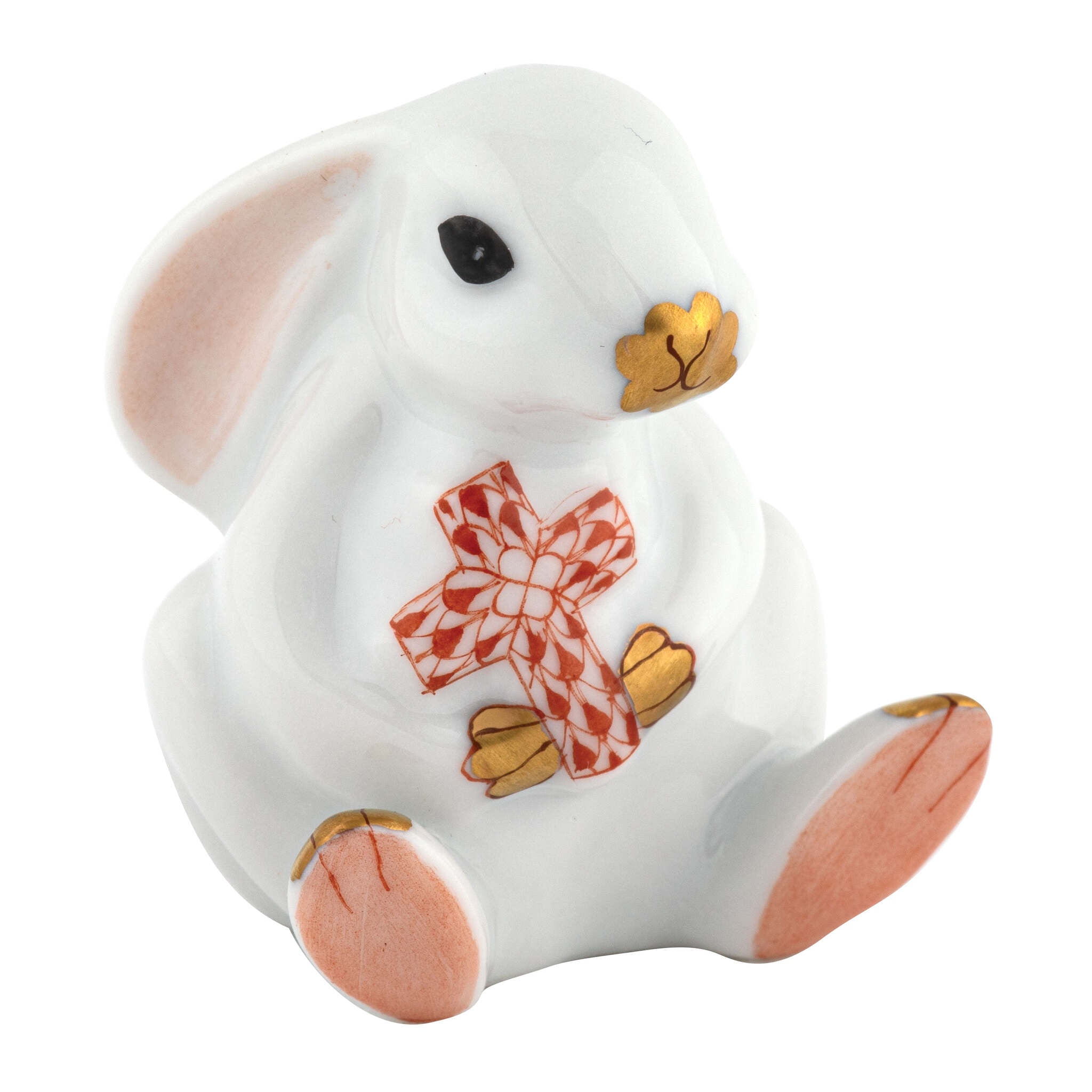 Rust fishnet Bunny with Cross Figurine figurine, hand-painted Herend porcelain with 24k gold accents