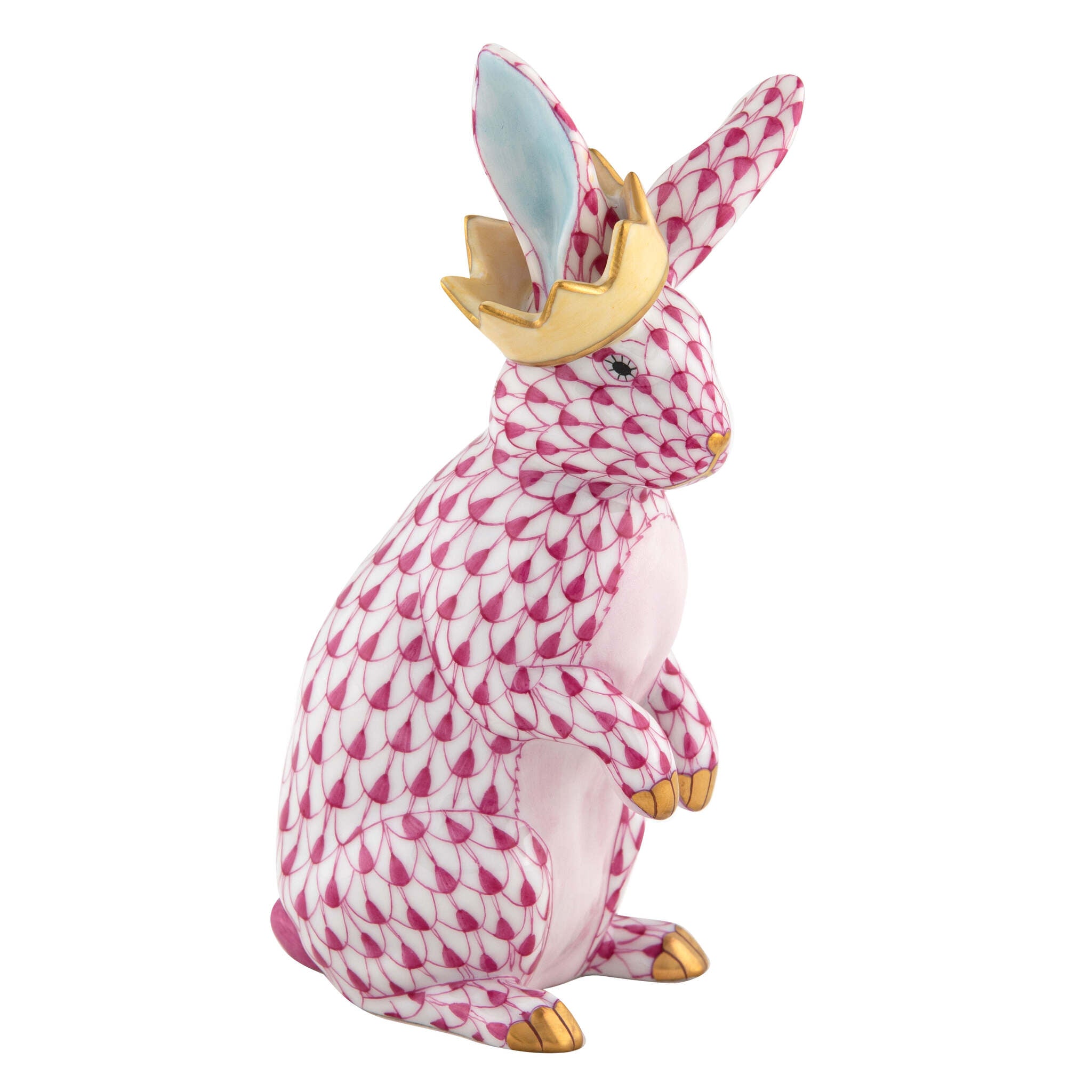 Raspberry fishnet Bunny with Crown Figurine figurine, hand-painted Herend porcelain with 24k gold accents