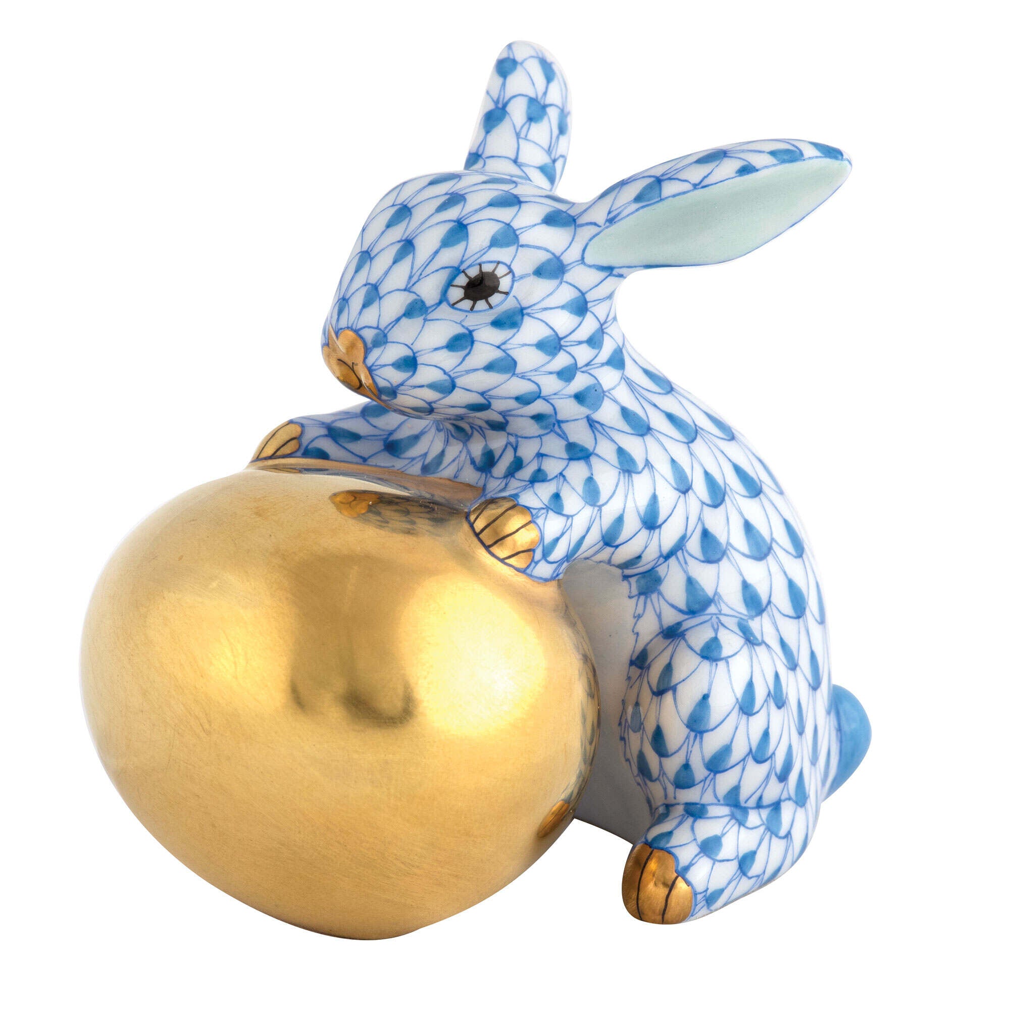 Hand-painted Herend Bunny with Egg Figurine in Blue fishnet porcelain on a white background