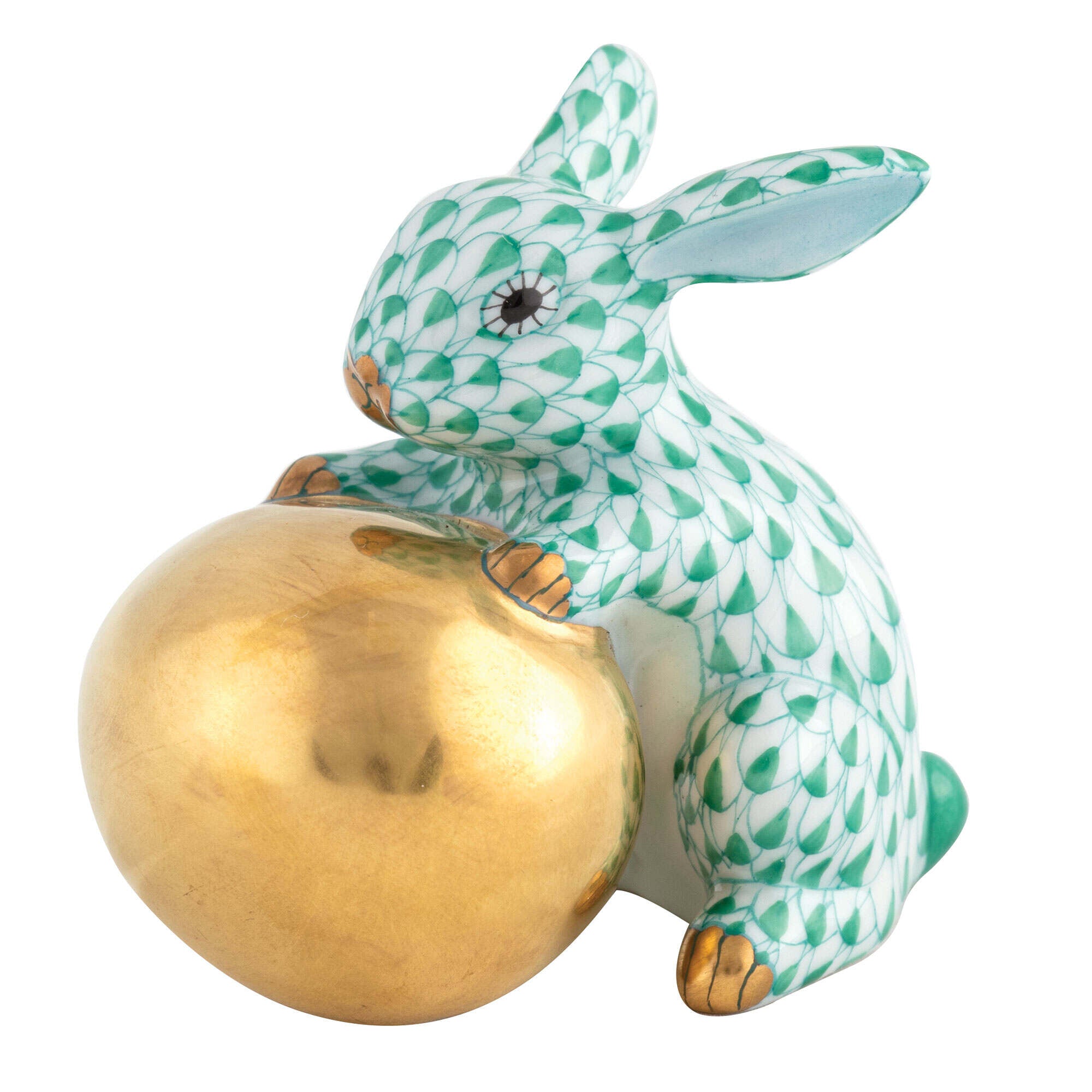 Herend Bunny with Egg Figurine porcelain figurine painted in the Green fishnet pattern