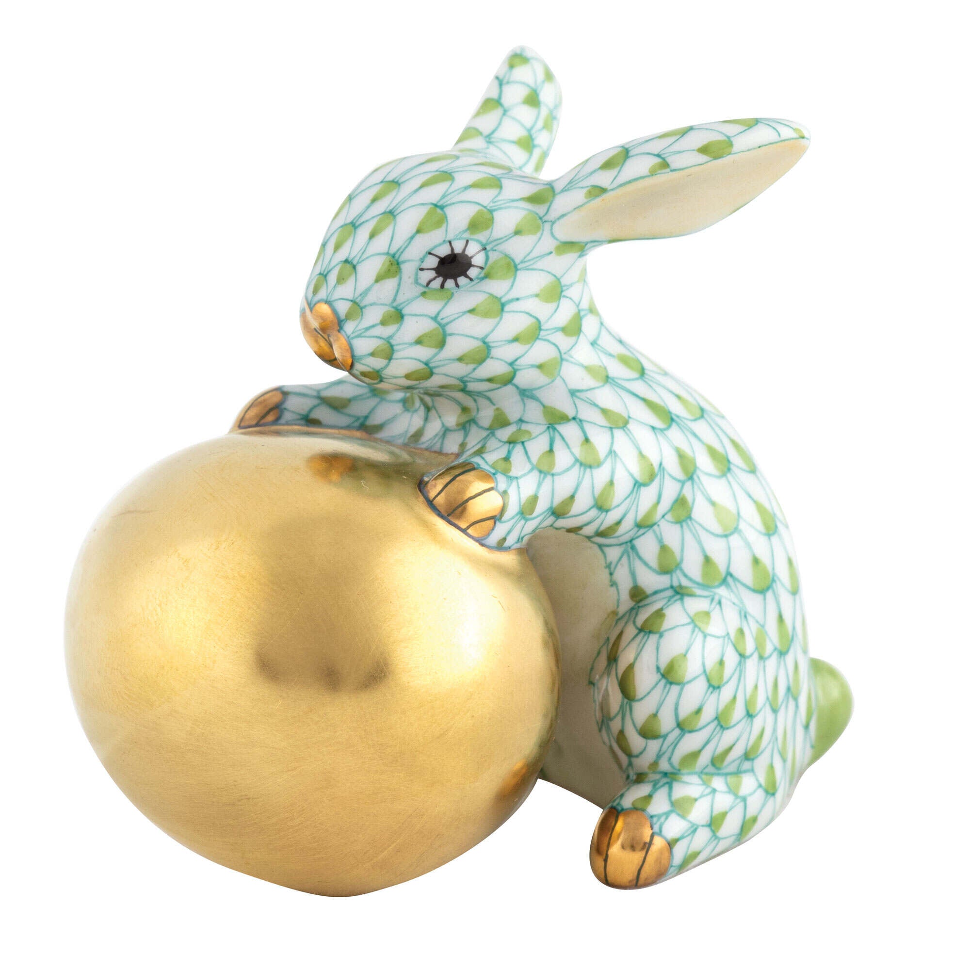 Key Lime fishnet Bunny with Egg Figurine figurine, hand-painted Herend porcelain with 24k gold accents