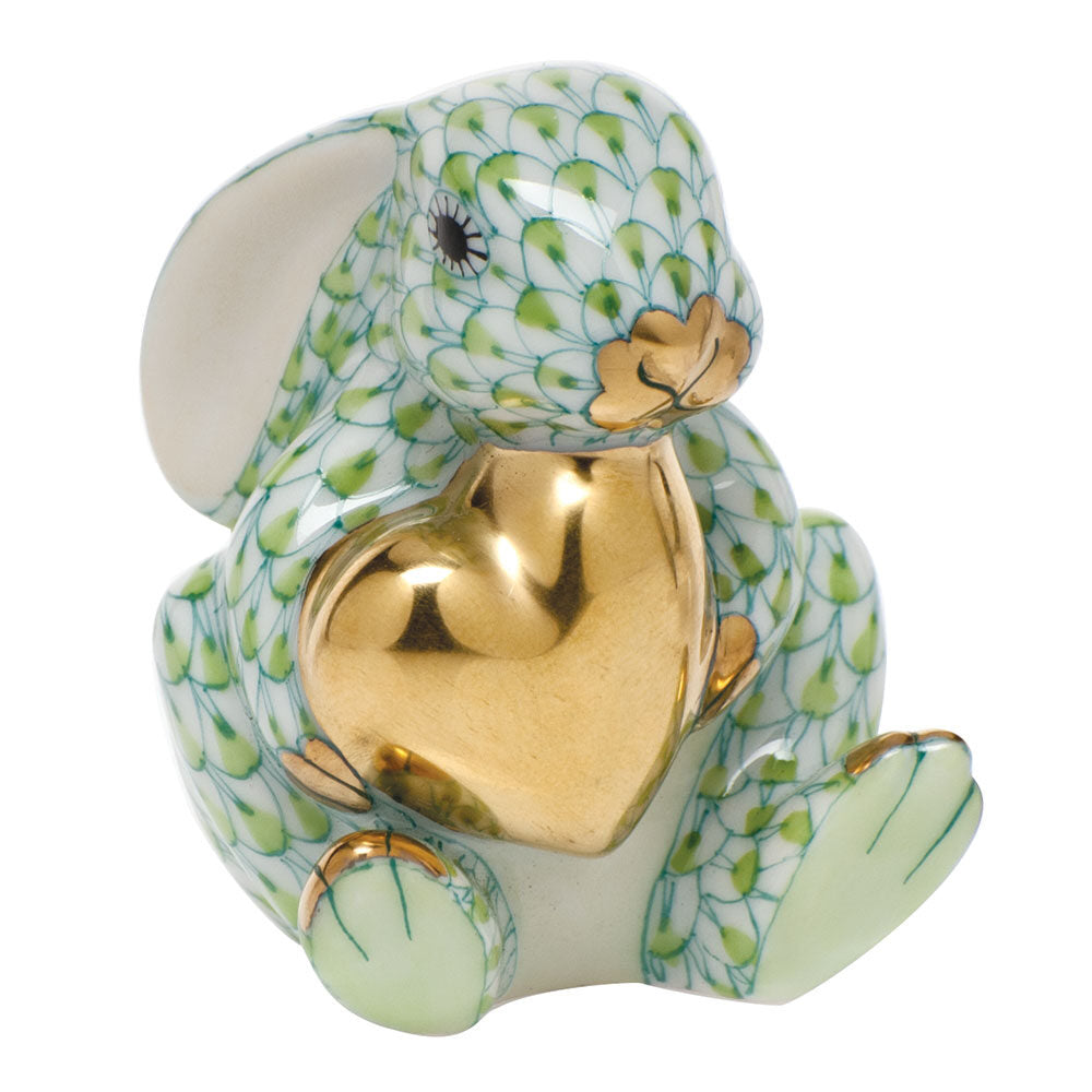 Herend Bunny with Heart Figurine porcelain figurine painted in the Key Lime fishnet pattern