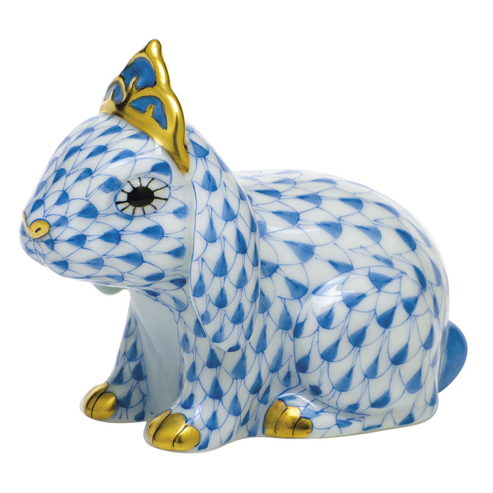 Herend Bunny with Tiara Figurine porcelain figurine painted in the Blue fishnet pattern