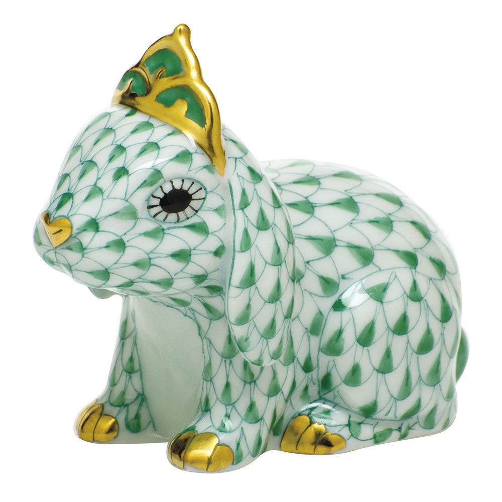 Green fishnet Bunny with Tiara Figurine figurine, hand-painted Herend porcelain with 24k gold accents