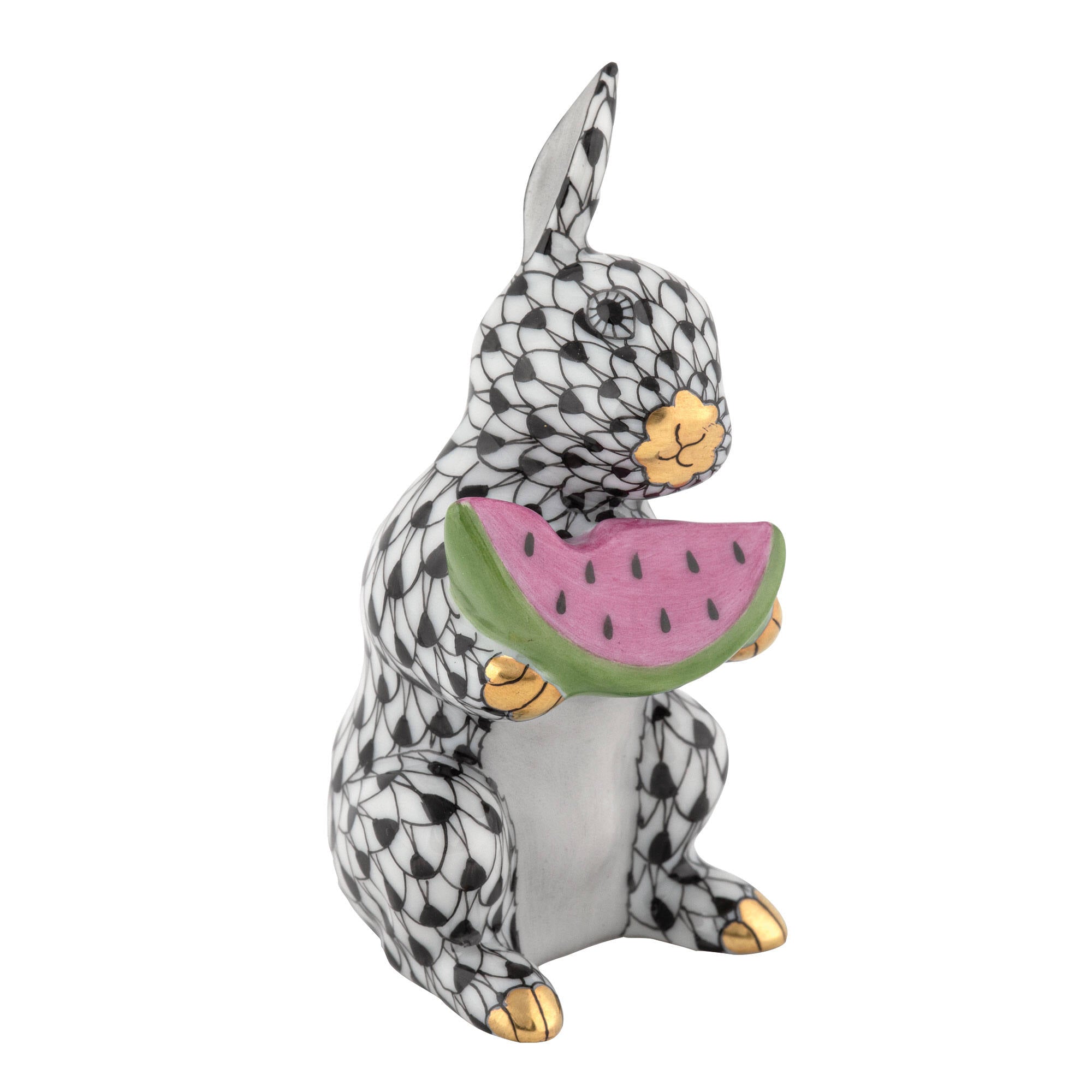 Herend Bunny with Watermelon Figurine porcelain figurine painted in the Black fishnet pattern