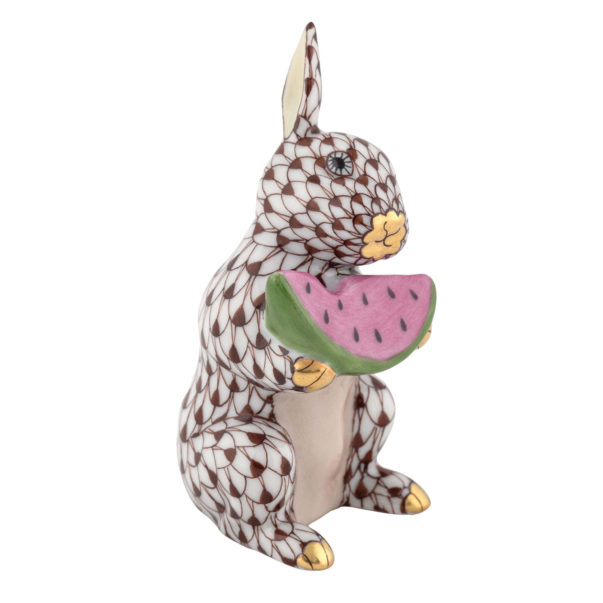 Bunny with Watermelon Figurine in hand-painted Chocolate porcelain by Herend of Hungary