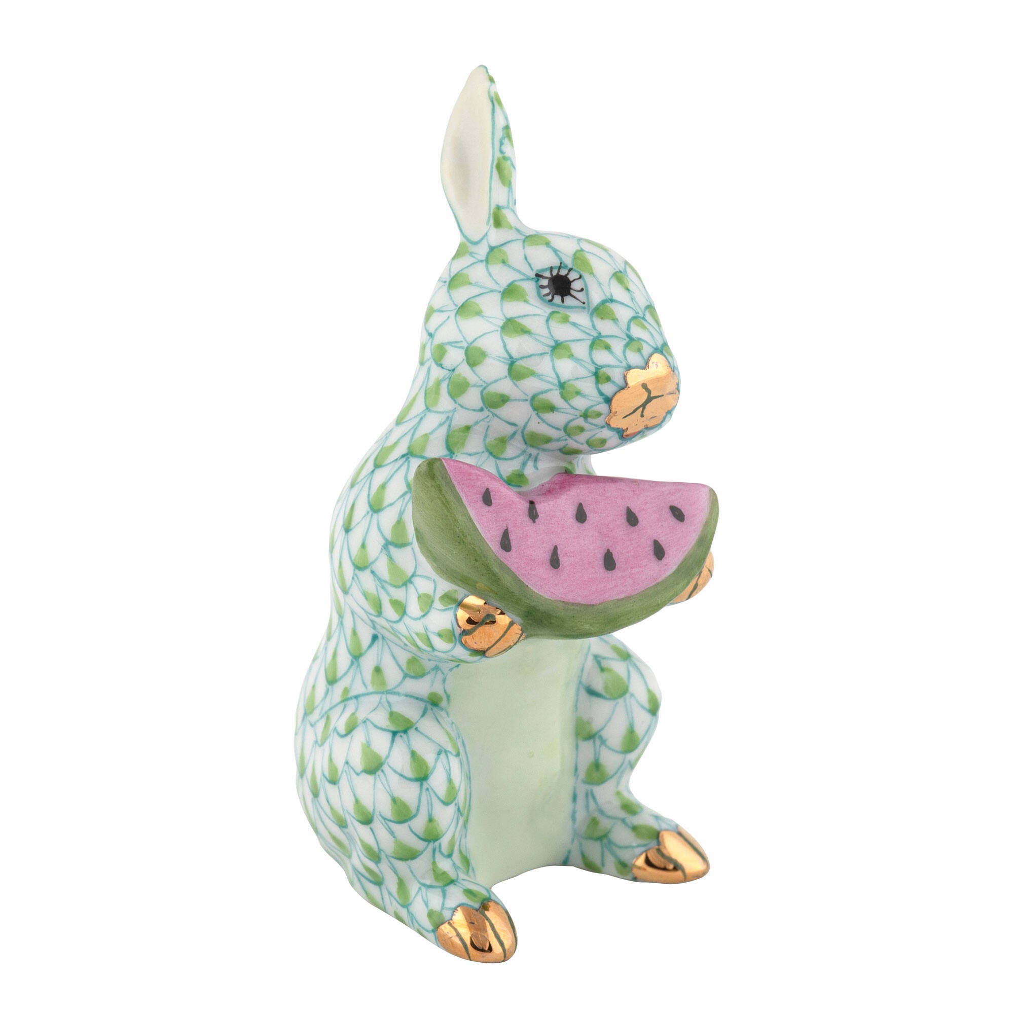 Hand-painted Herend Bunny with Watermelon Figurine in Key Lime fishnet porcelain on a white background