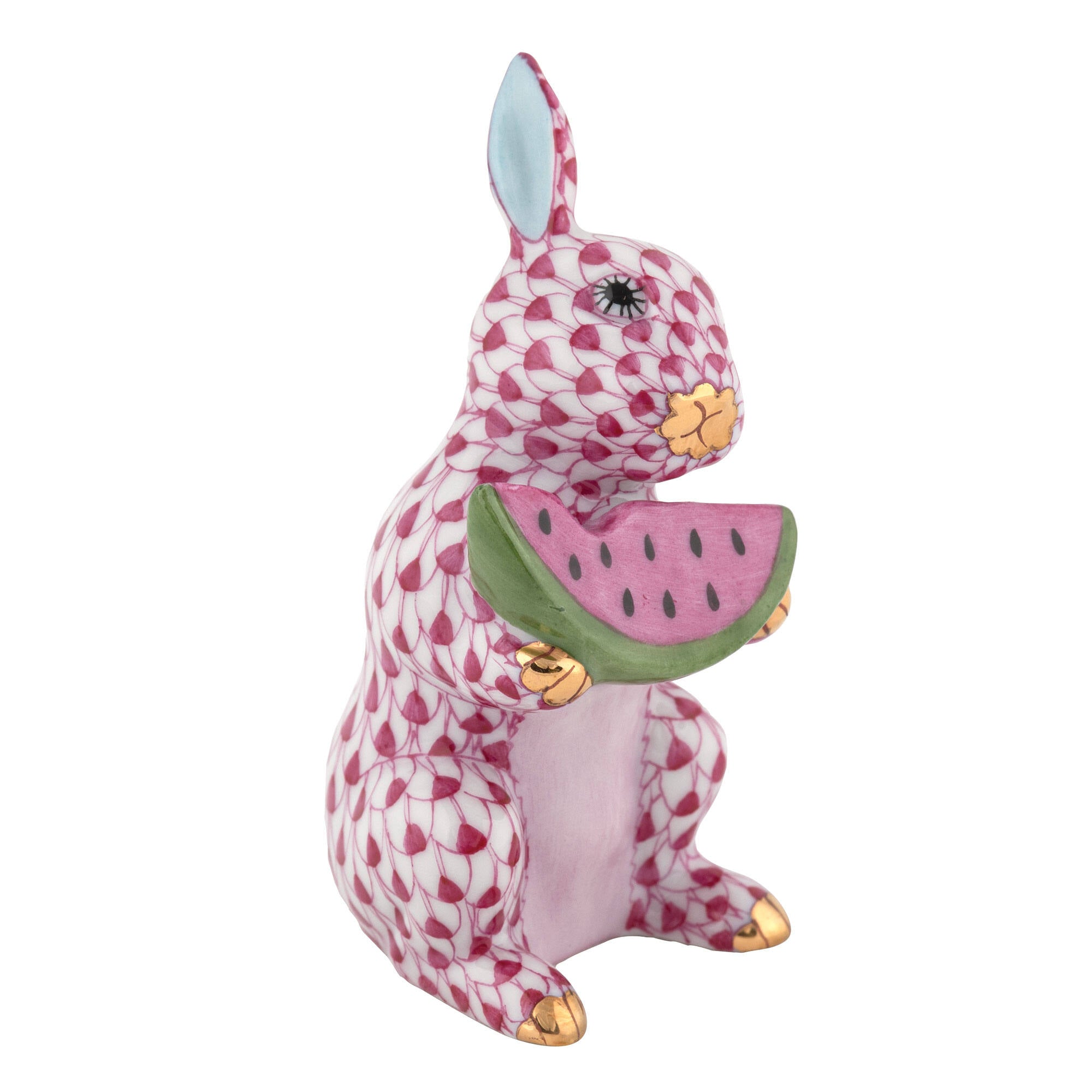 Herend Bunny with Watermelon Figurine porcelain figurine painted in the Raspberry fishnet pattern