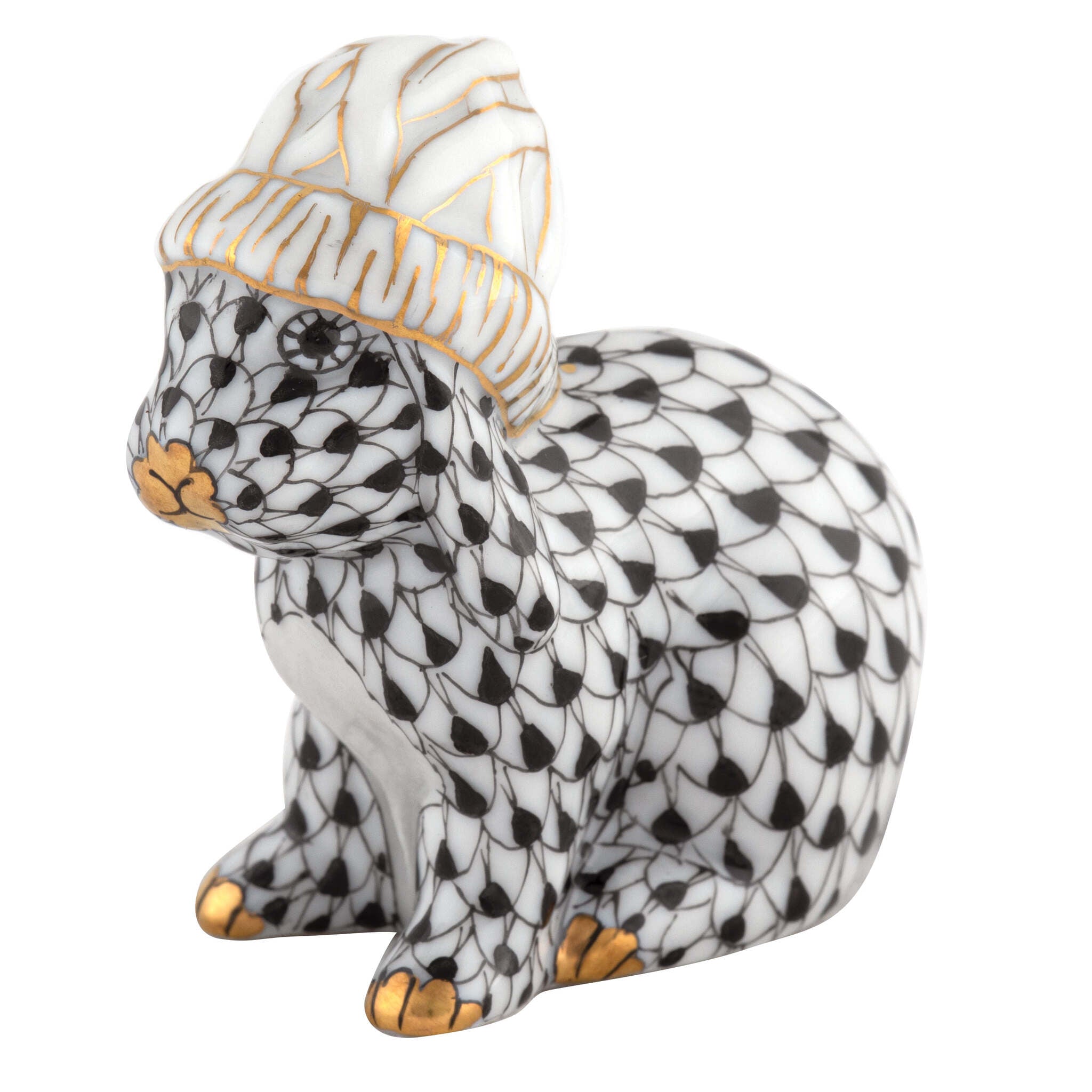 Hand-painted Herend Bunny with Winter Hat Figurine in Black fishnet porcelain on a white background