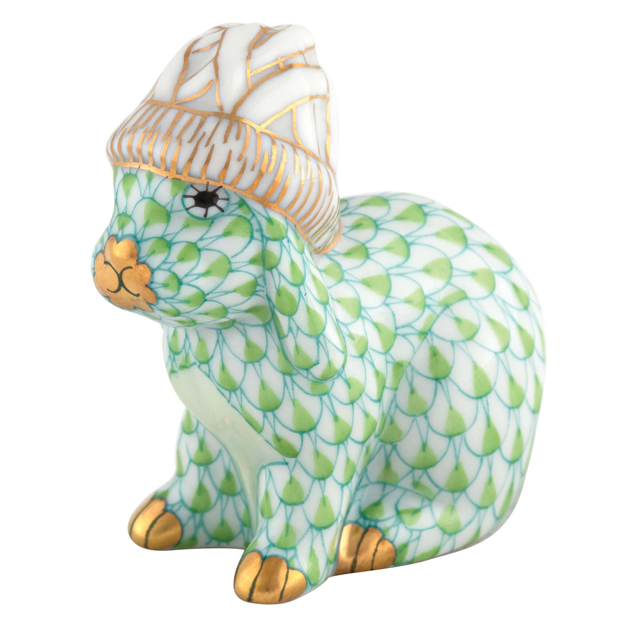Bunny with Winter Hat Figurine in hand-painted Key Lime porcelain by Herend of Hungary