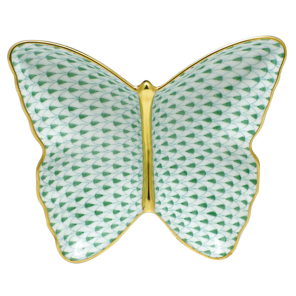 Hand-painted Herend Butterfly Dish Decorative Plate in Green fishnet porcelain on a white background