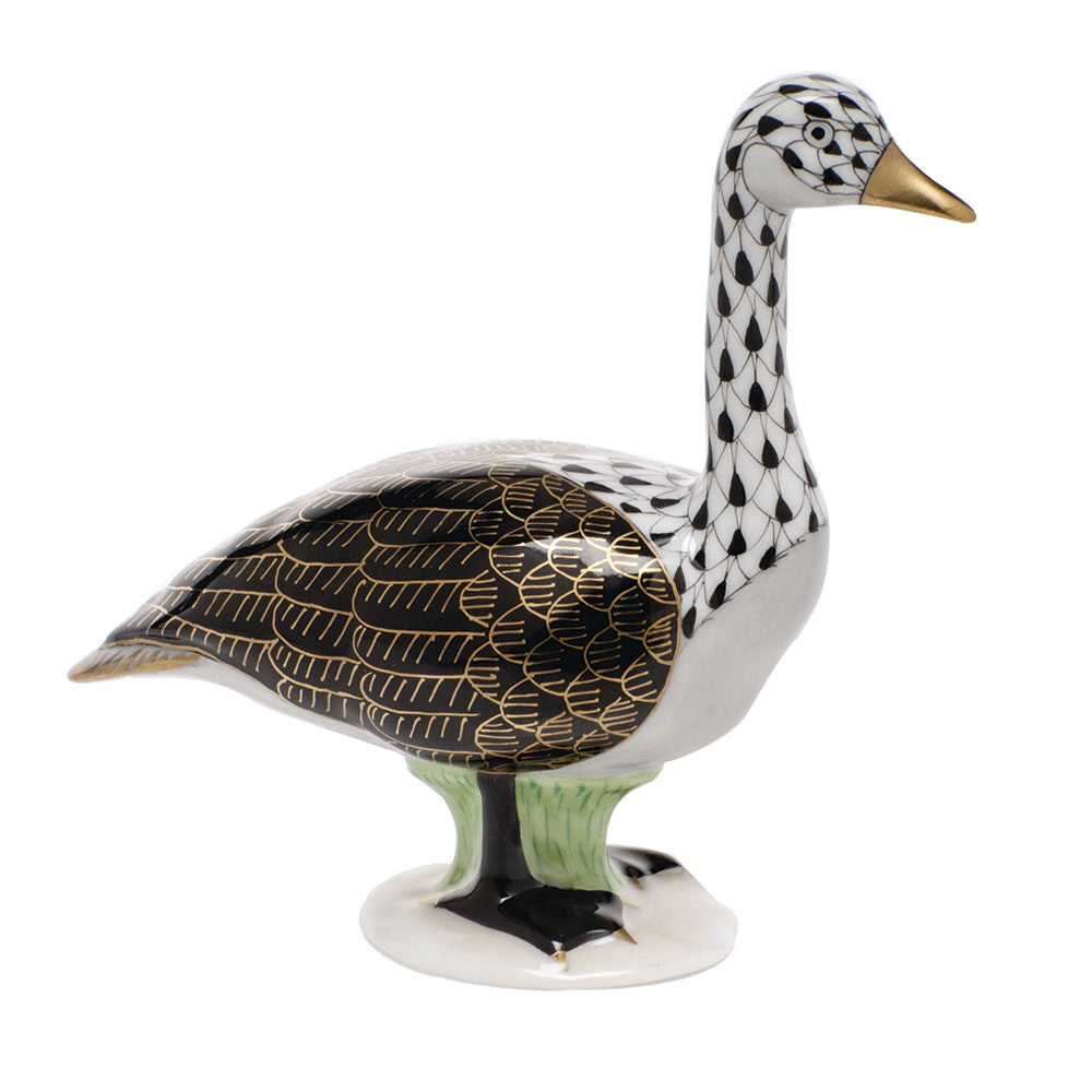 Hand-painted Herend Canada Goose Figurine in fine porcelain, 4.25in L X 3.75in H, on a white background