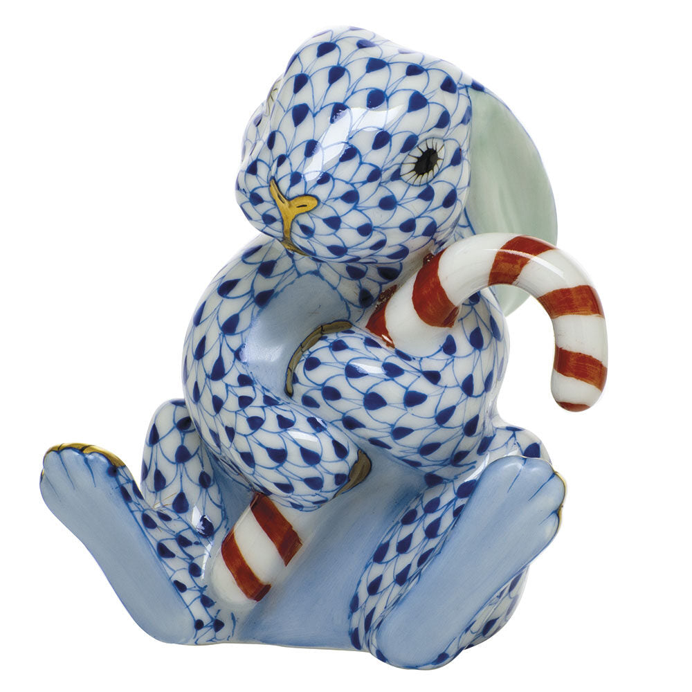 Candy Cane Bunny Figurine in hand-painted Sapphire porcelain by Herend of Hungary