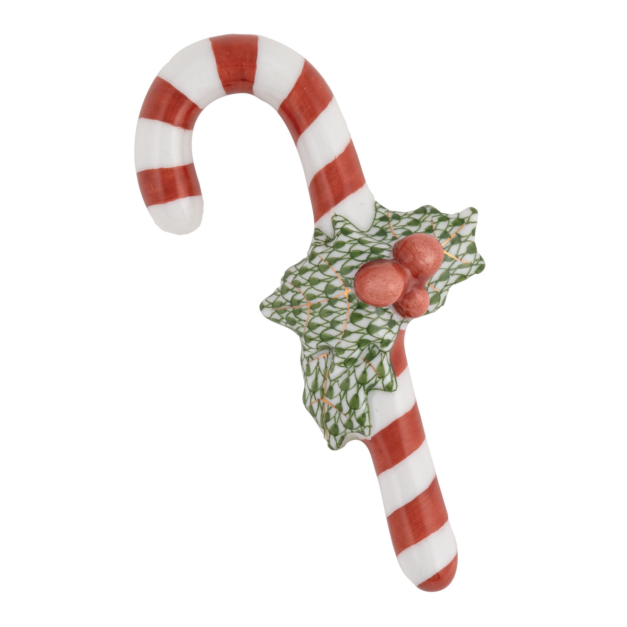 Hand-painted Herend Candy Cane Figurine in fine porcelain, 3.25in L X 1.75in W X .75in H, on a white background