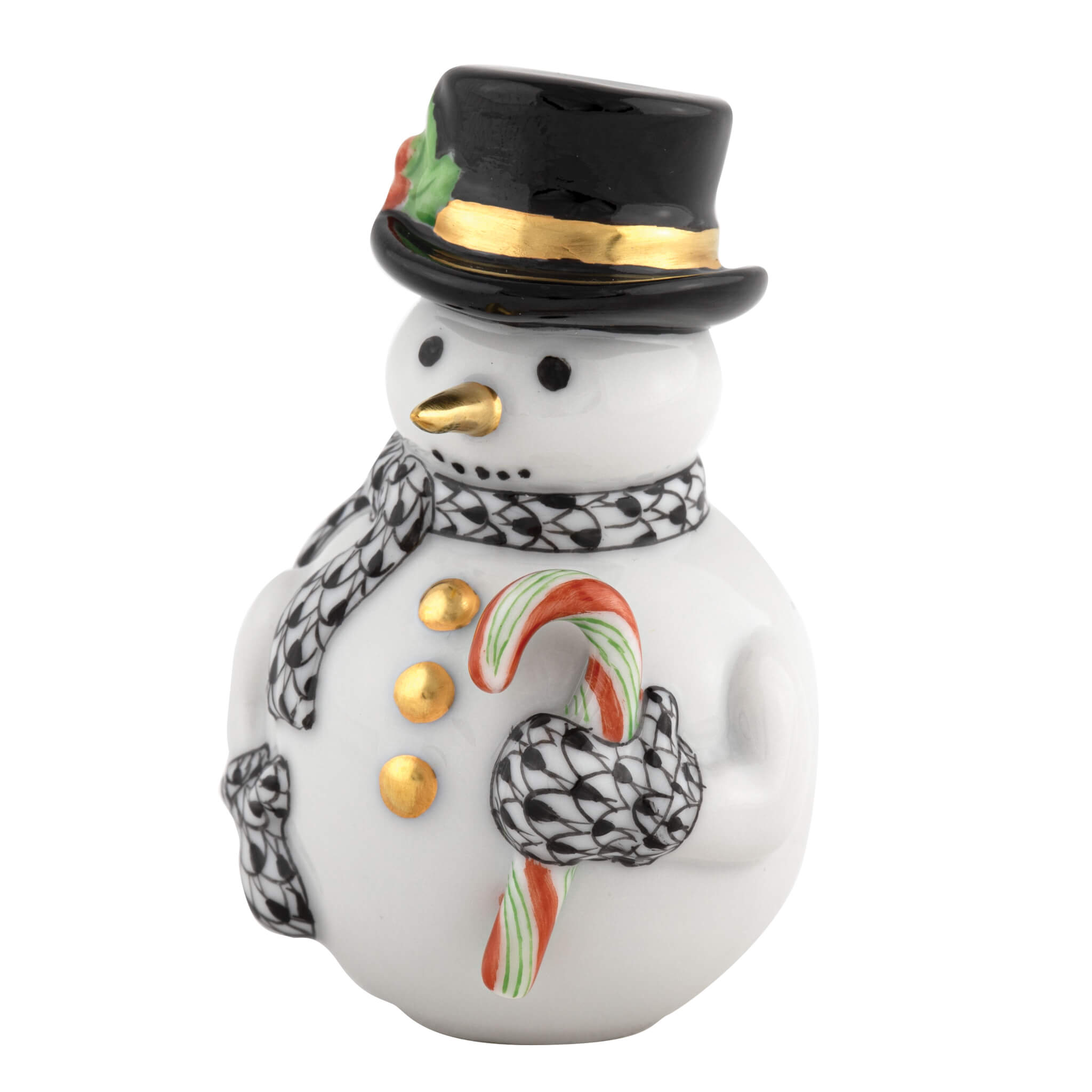 Herend Candy Cane Snowman figurine in Black with black fishnet pattern with gold accents on a white background