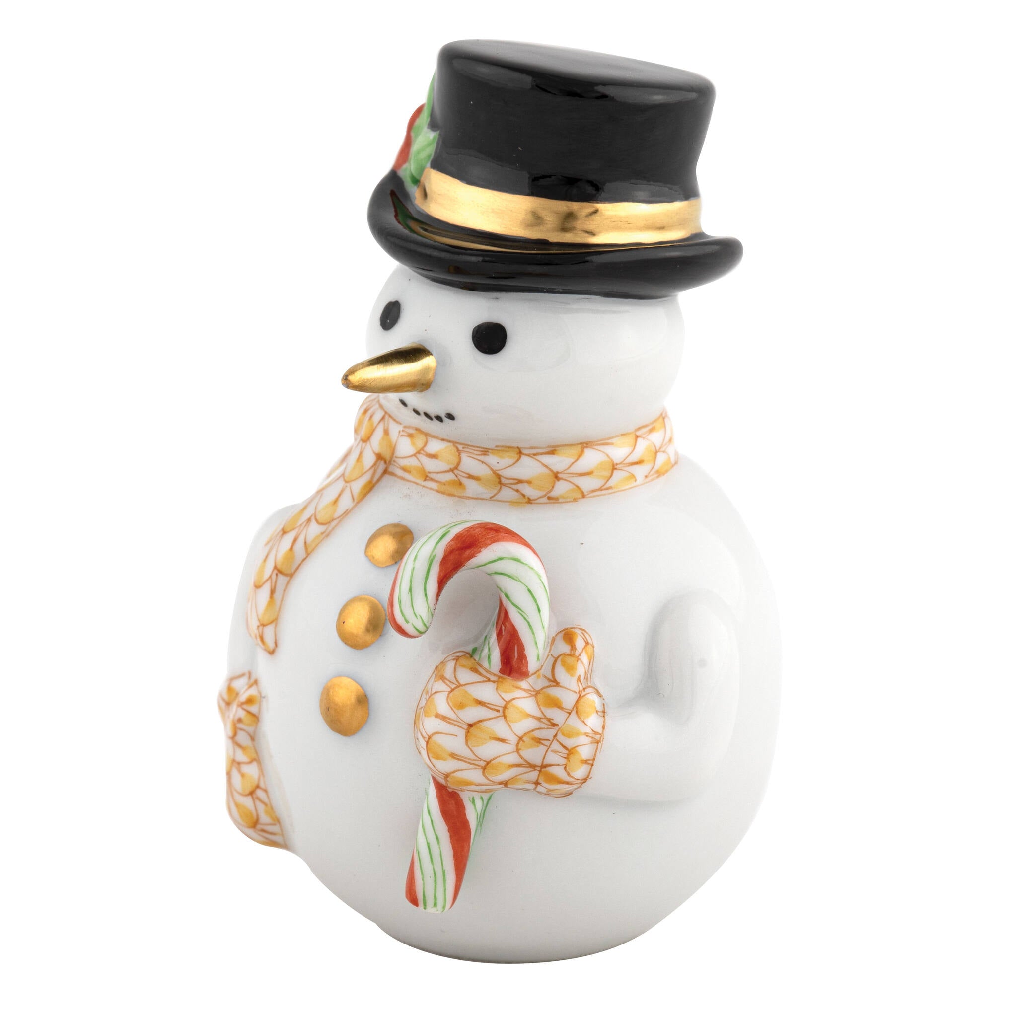 Herend Candy Cane Snowman Figurine porcelain figurine painted in the Butterscotch fishnet pattern