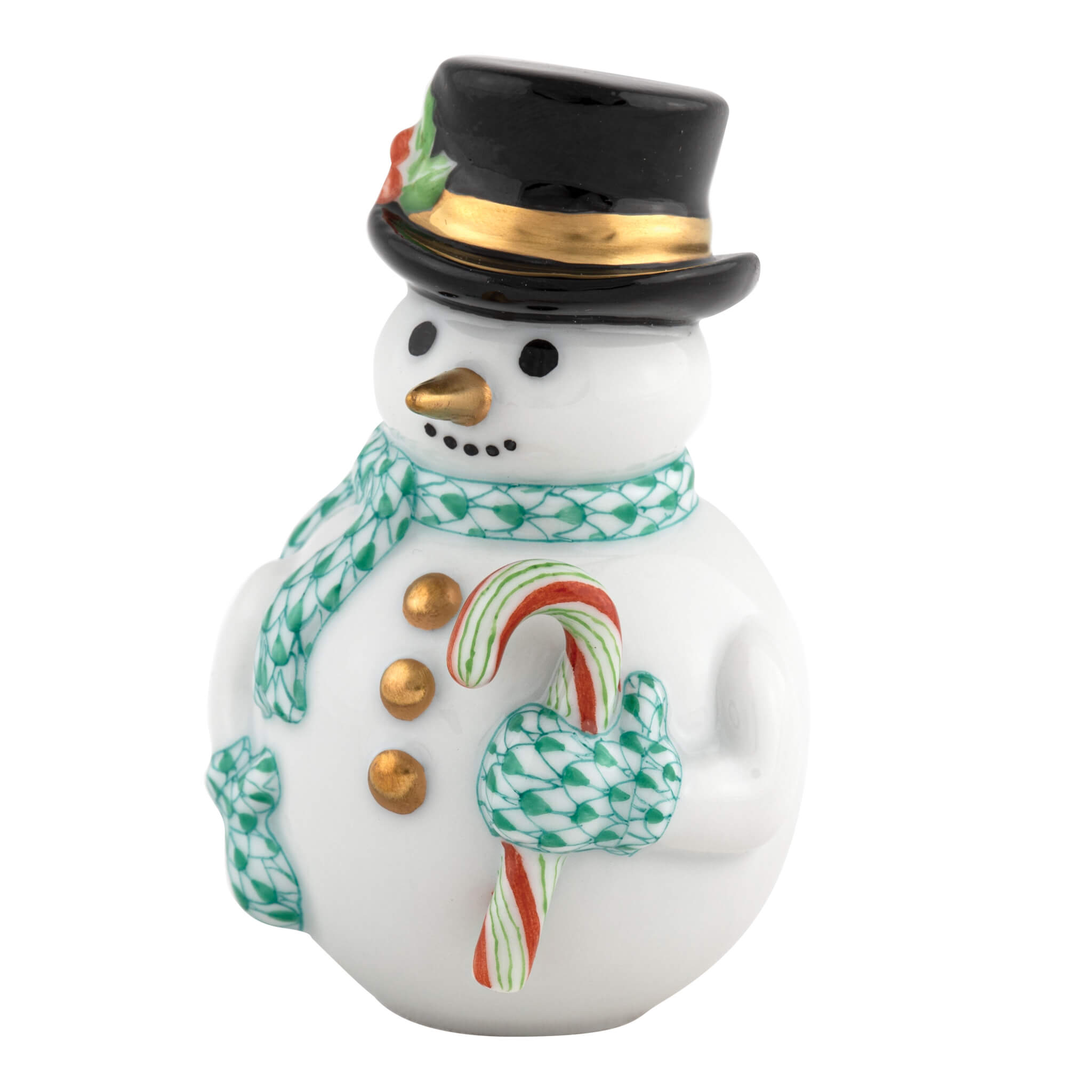 Herend Candy Cane Snowman figurine in Green with green fishnet pattern with gold accents on a white background