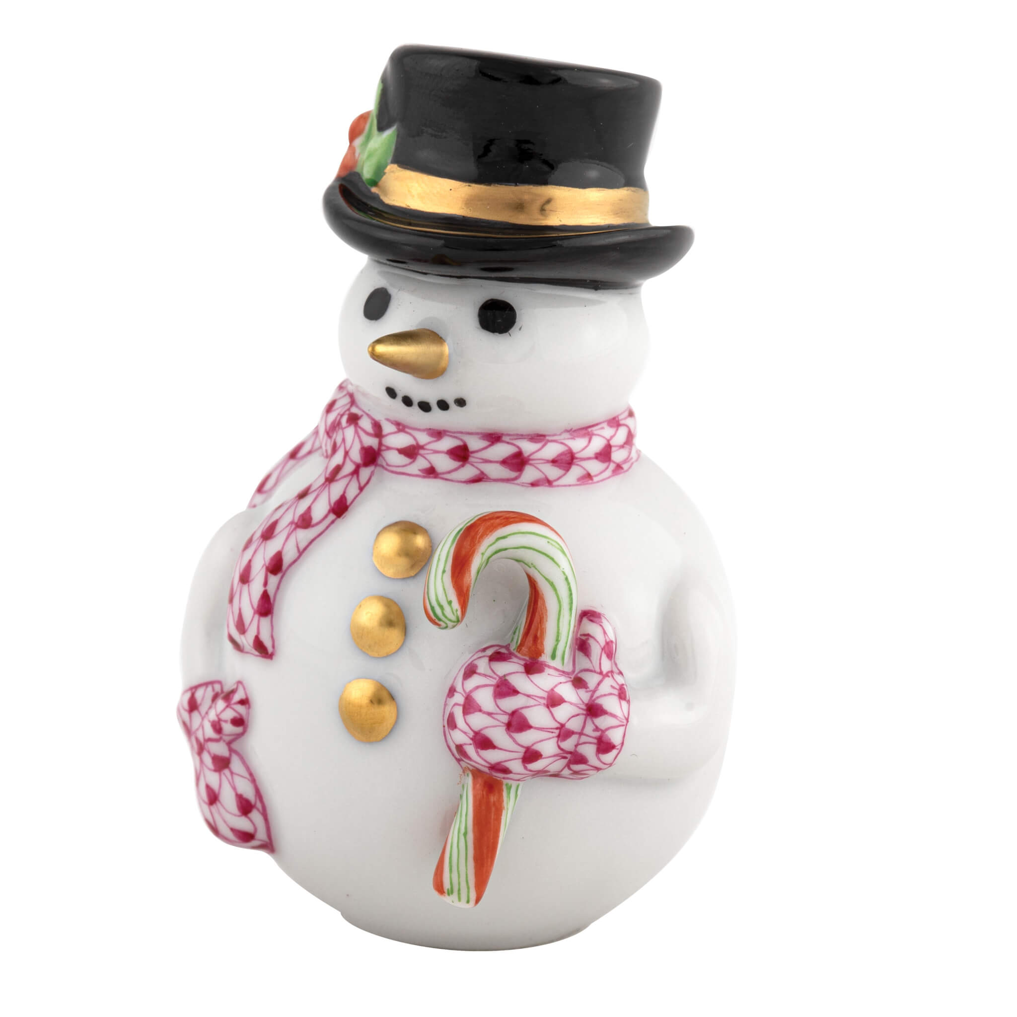 Herend Candy Cane Snowman figurine in Raspberry with raspberry pink fishnet pattern with gold accents on a white background