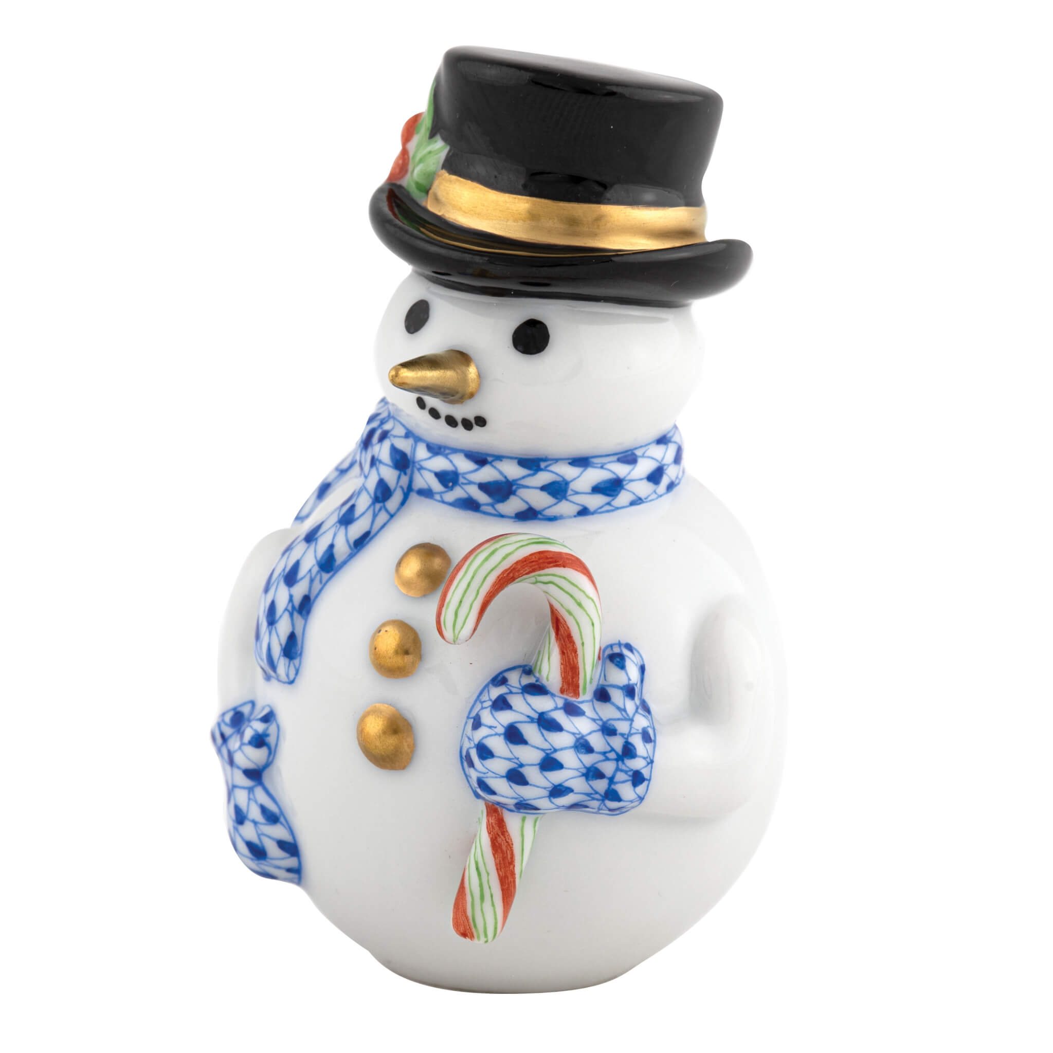 Herend Candy Cane Snowman figurine in Sapphire with deep sapphire blue fishnet pattern with gold accents on a white background