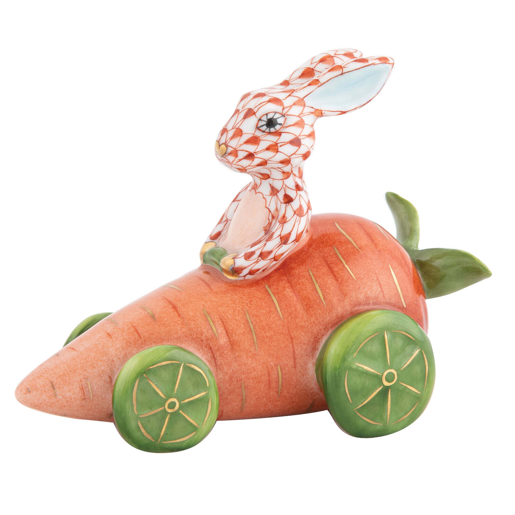 Rust fishnet Carrot Car Bunny Figurine figurine, hand-painted Herend porcelain with 24k gold accents